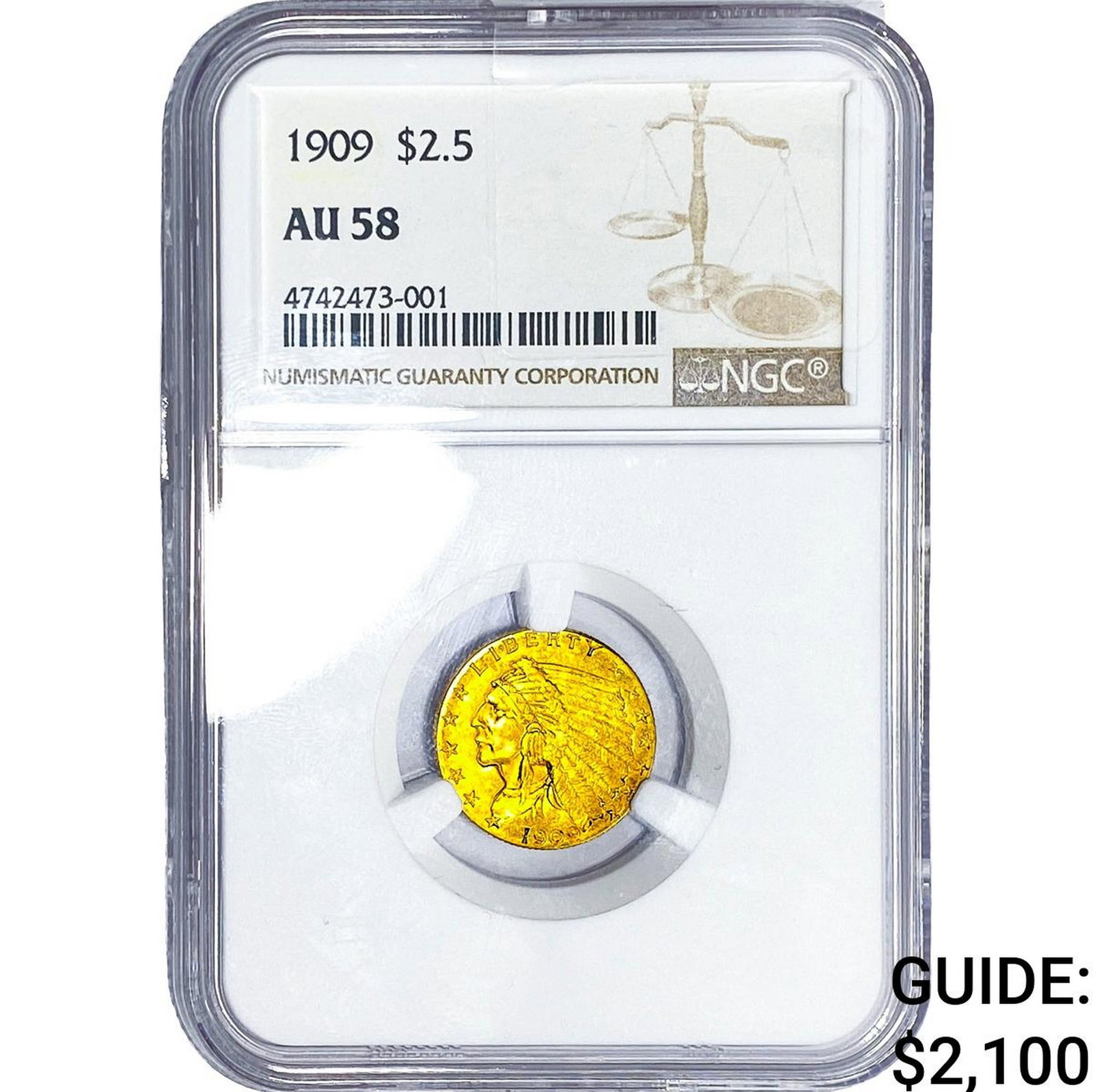 1909 $2.50 Gold Quarter Eagle NGC AU58: 1909 $2.50 Gold Quarter Eagle NGC AU58