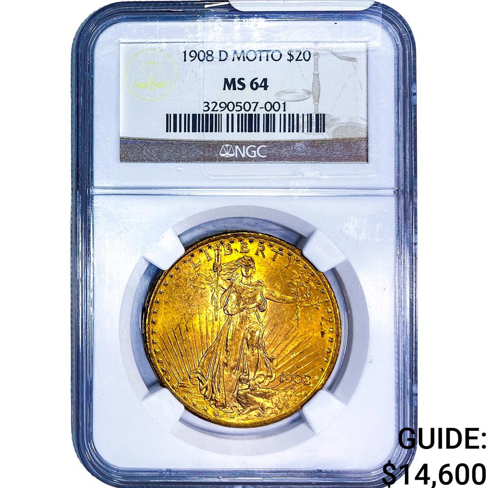 1908-D $20 Gold Double Eagle NGC MS64: 1908-D $20 Gold Double Eagle NGC MS64