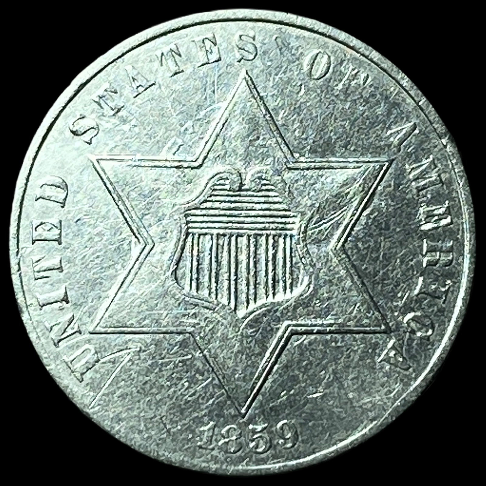 1859 Silver Three-Cent Piece CLOSELY UNCIRCULATED: 1859 Silver Three-Cent Piece CLOSELY UNCIRCULATED