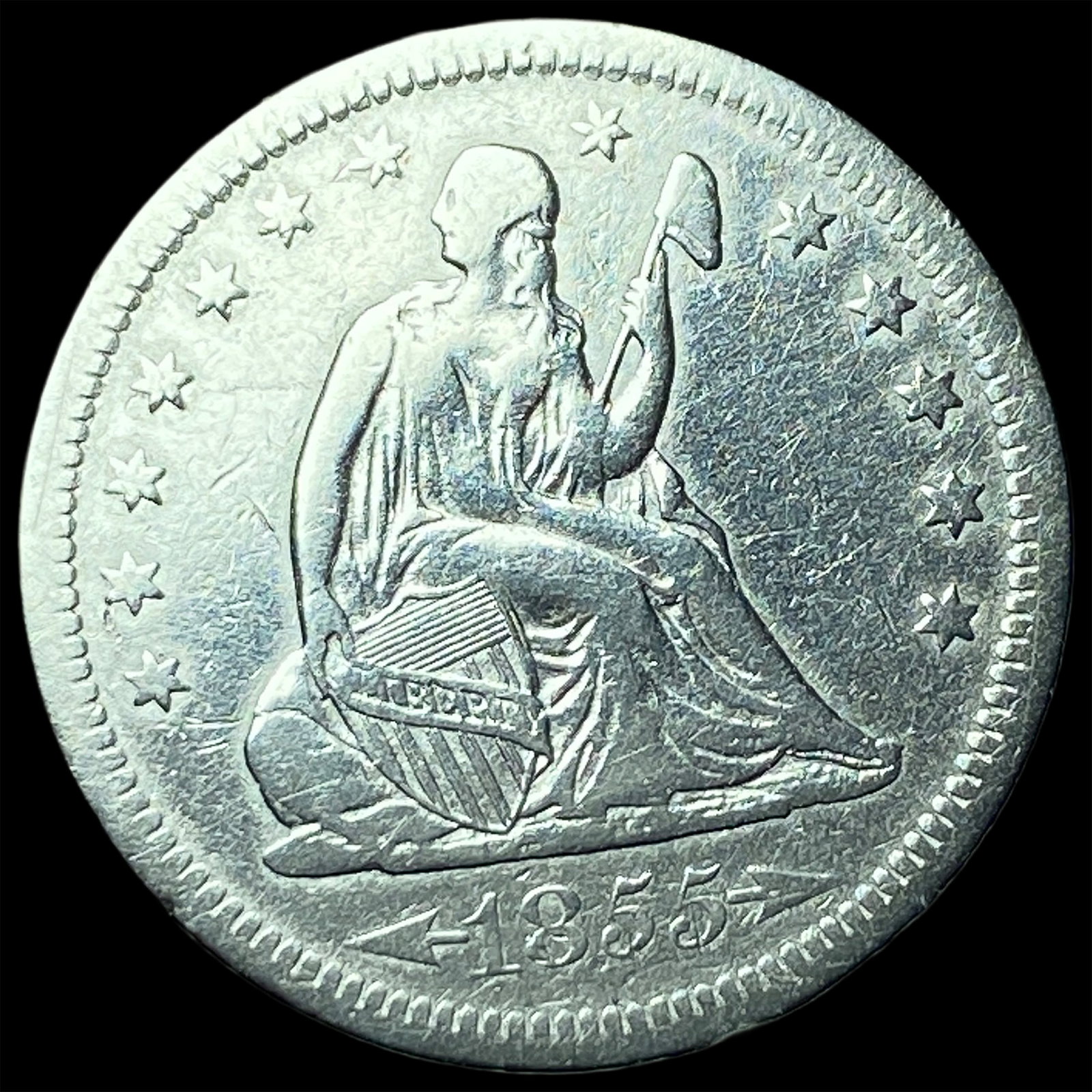 1855 Arrows Seated Liberty Quarter CLOSELY UNCIRCULATED: 1855 Arrows Seated Liberty Quarter CLOSELY UNCIRCULATED