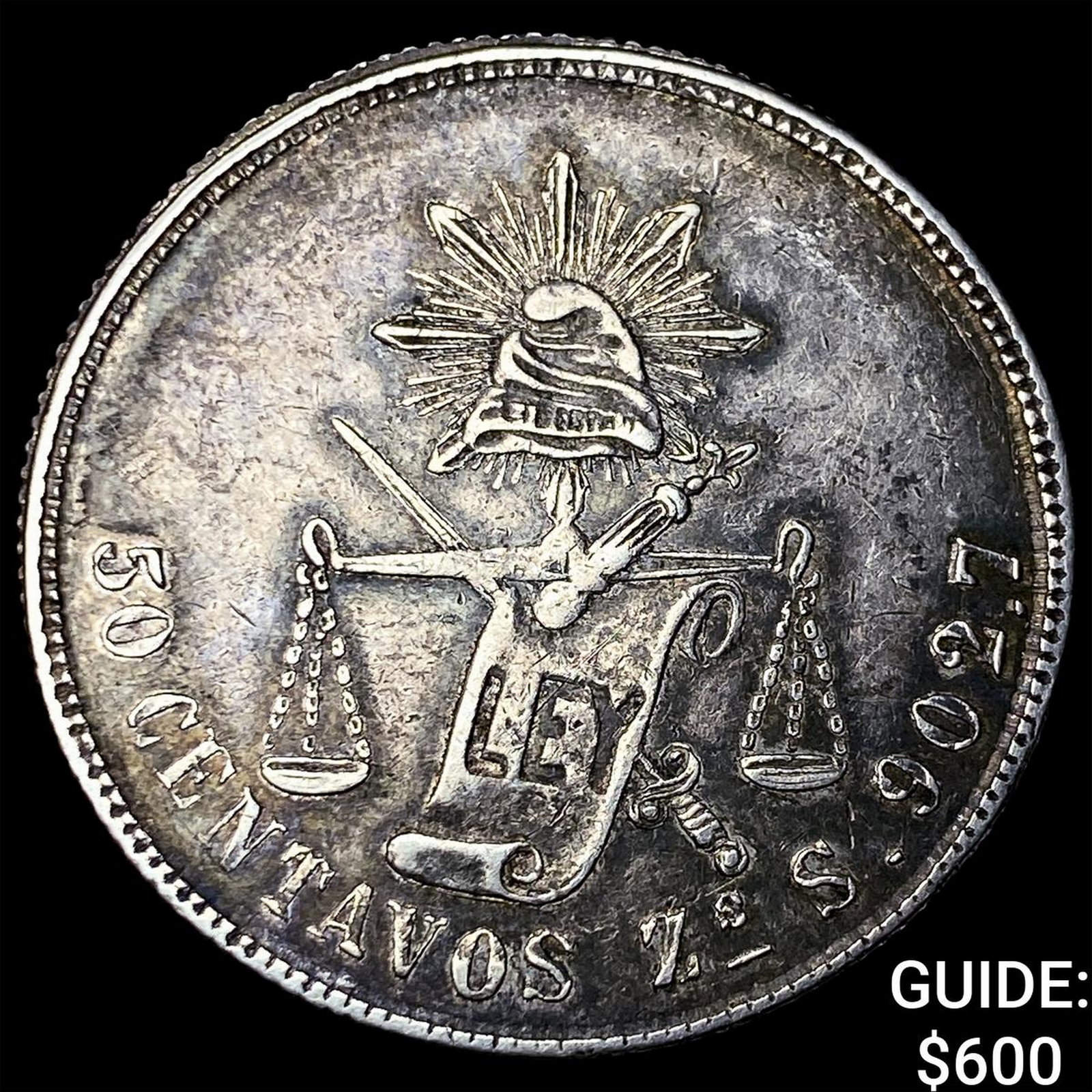 1877-Zs-S Mexico Silver 50 Centavos Balance Scale: 1877-Zs-S Mexico Silver 50 Centavos Balance Scale