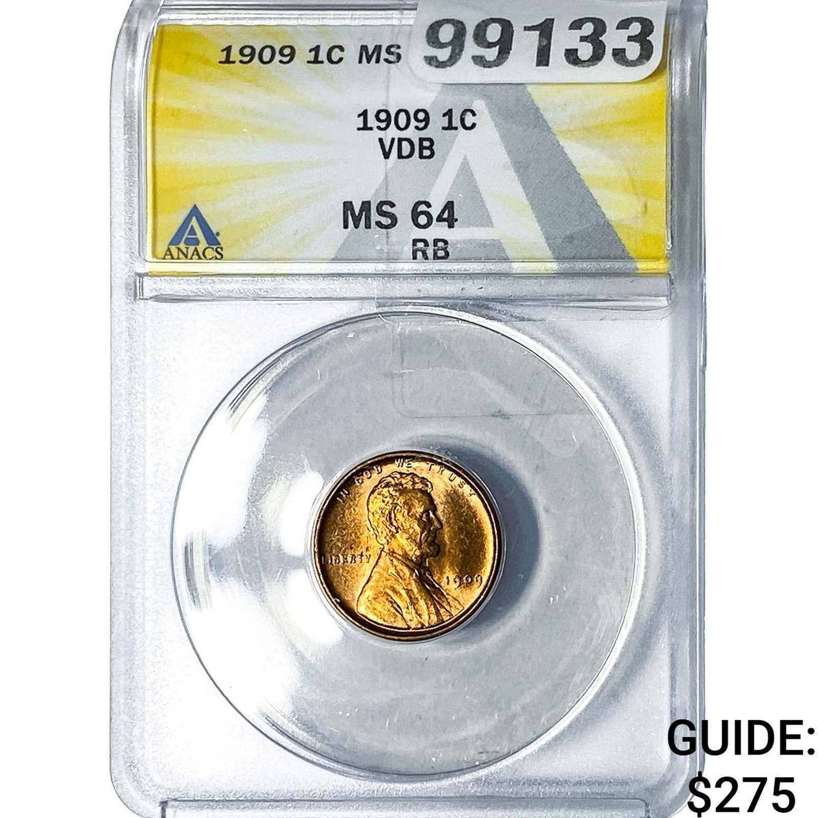 1909 VDB Wheat Cent ANACS MS64 RB: 1909 VDB Wheat Cent ANACS MS64 RB