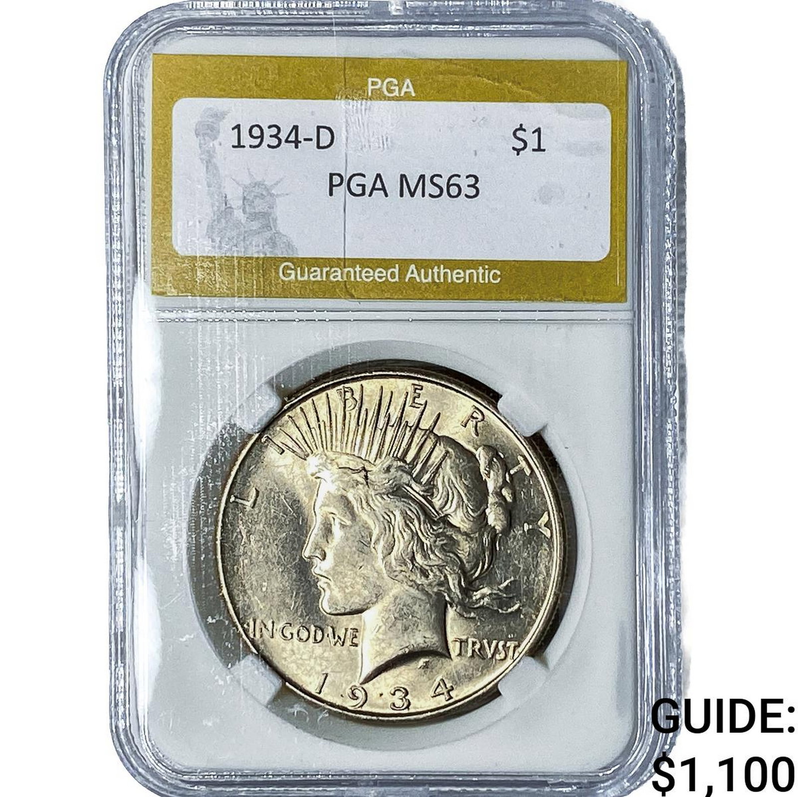 1934-D Silver Peace Dollar PGA MS63: 1934-D Silver Peace Dollar PGA MS63