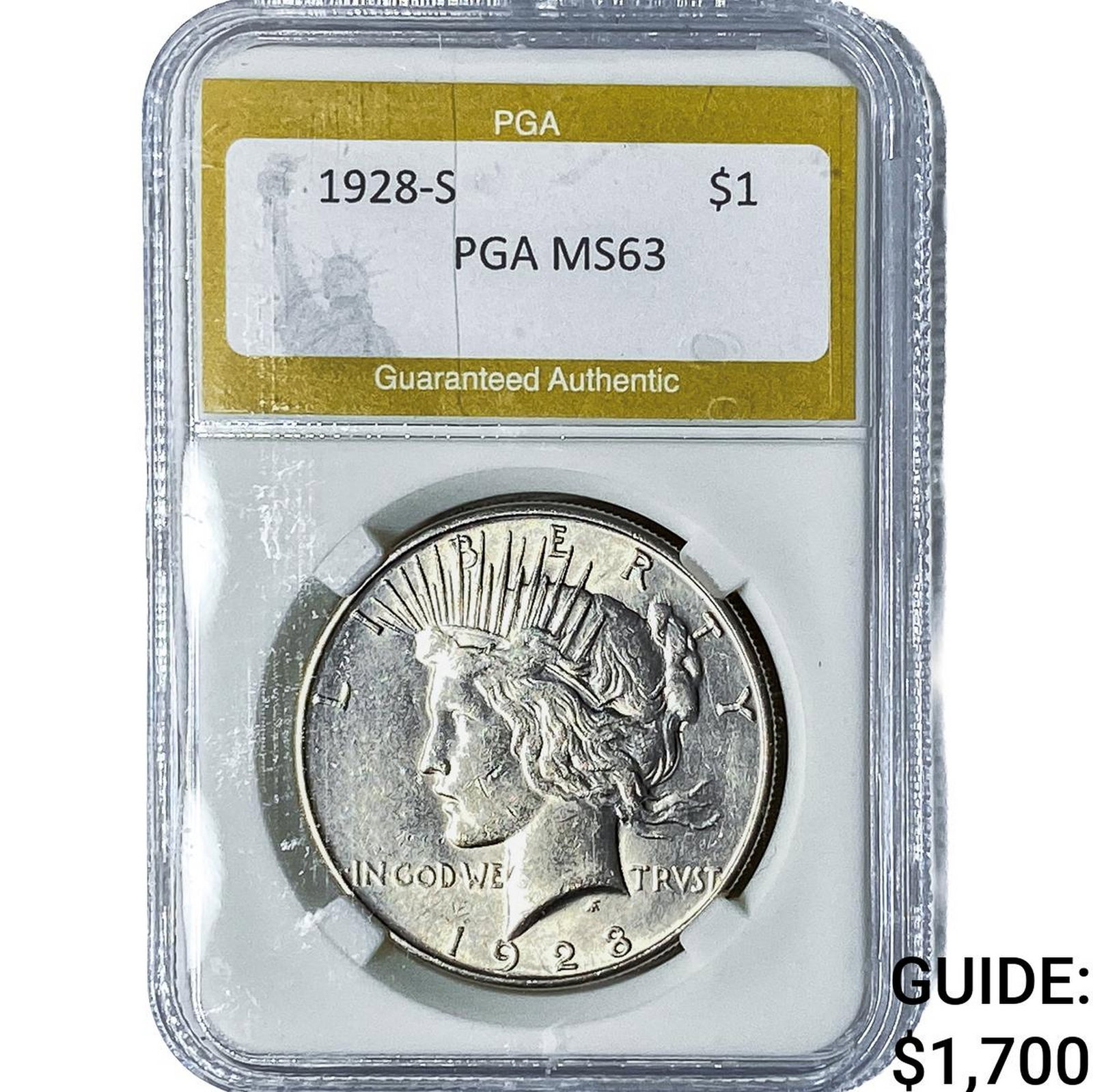 1928-S Silver Peace Dollar PGA MS63: 1928-S Silver Peace Dollar PGA MS63