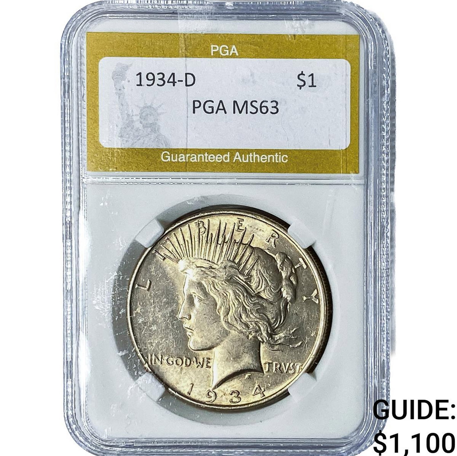 1934-D Silver Peace Dollar PGA MS63: 1934-D Silver Peace Dollar PGA MS63
