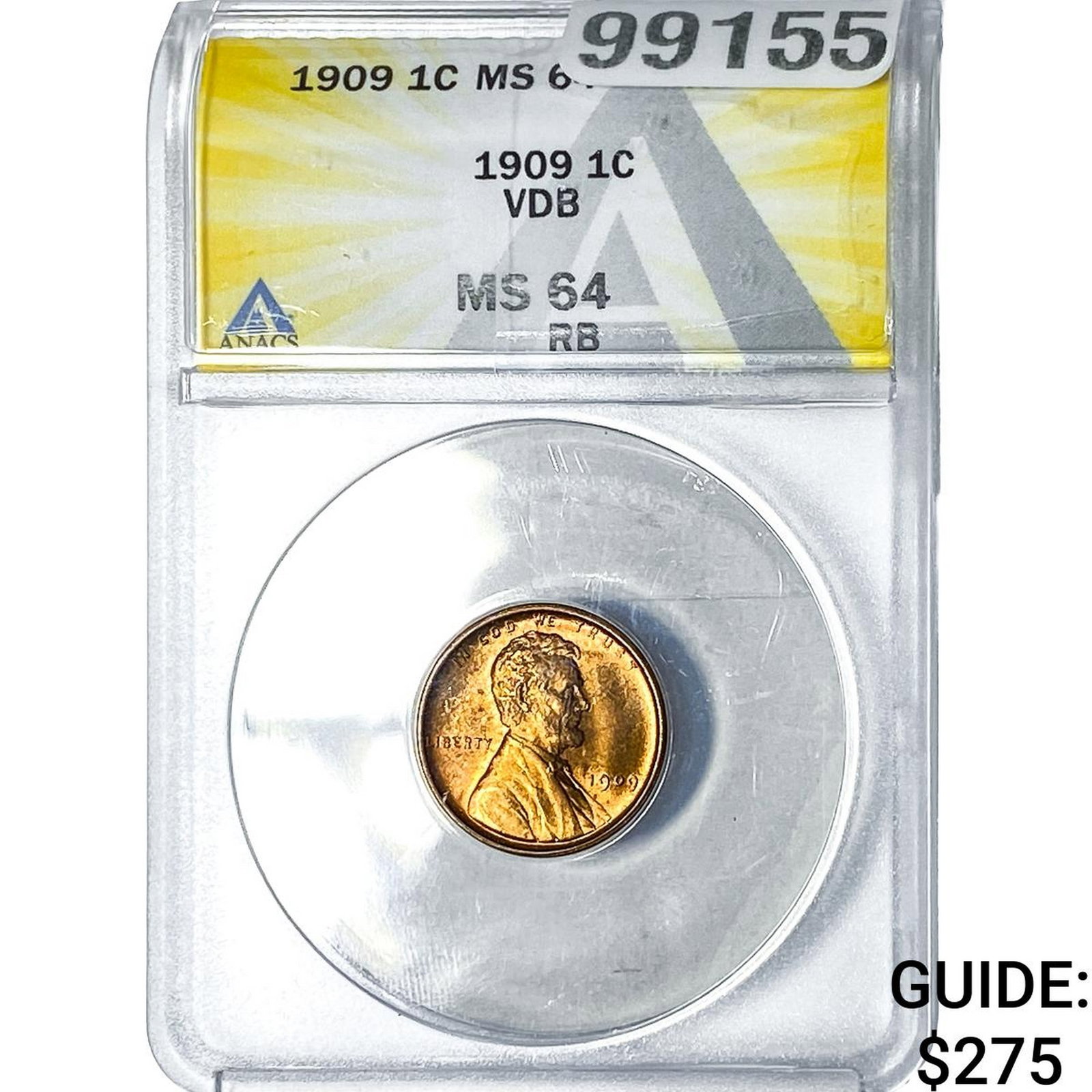 1909 VDB Wheat Cent ANACS MS64 RB: 1909 VDB Wheat Cent ANACS MS64 RB