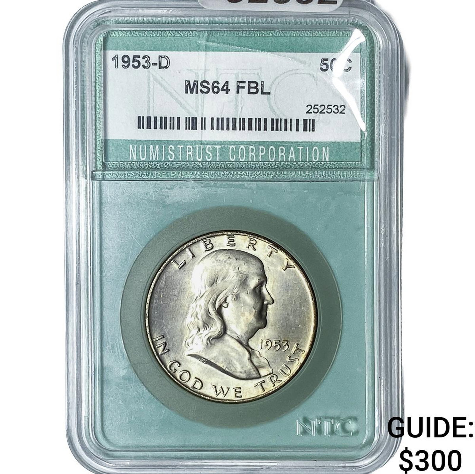 1953-D Franklin Half Dollar NTC MS64 FBL: 1953-D Franklin Half Dollar NTC MS64 FBL