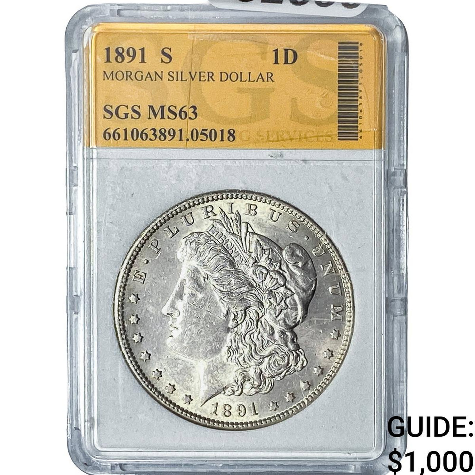 1891-S Morgan Silver Dollar SGS MS63: 1891-S Morgan Silver Dollar SGS MS63