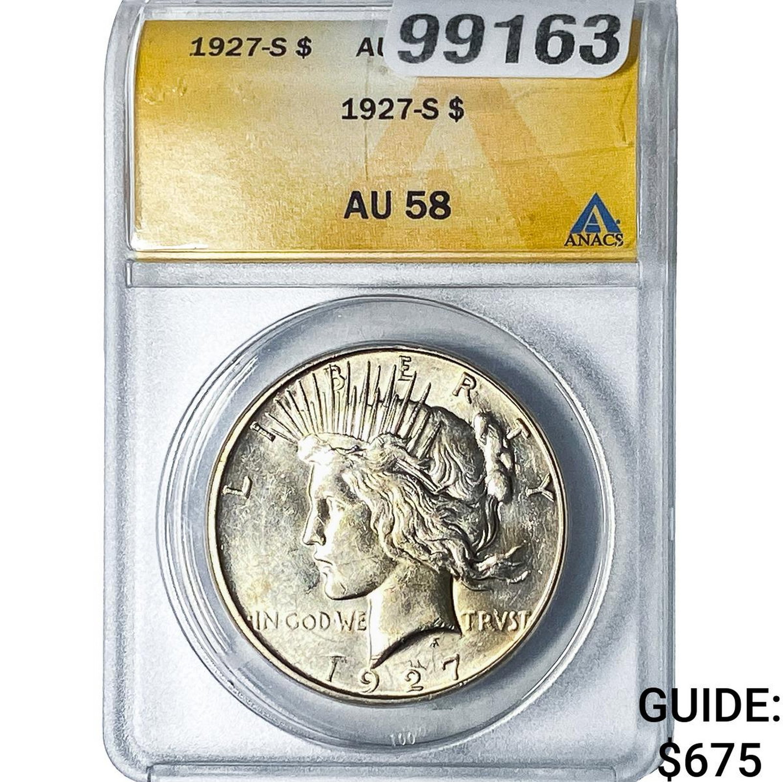 1927-S Silver Peace Dollar ANACS AU58: 1927-S Silver Peace Dollar ANACS AU58