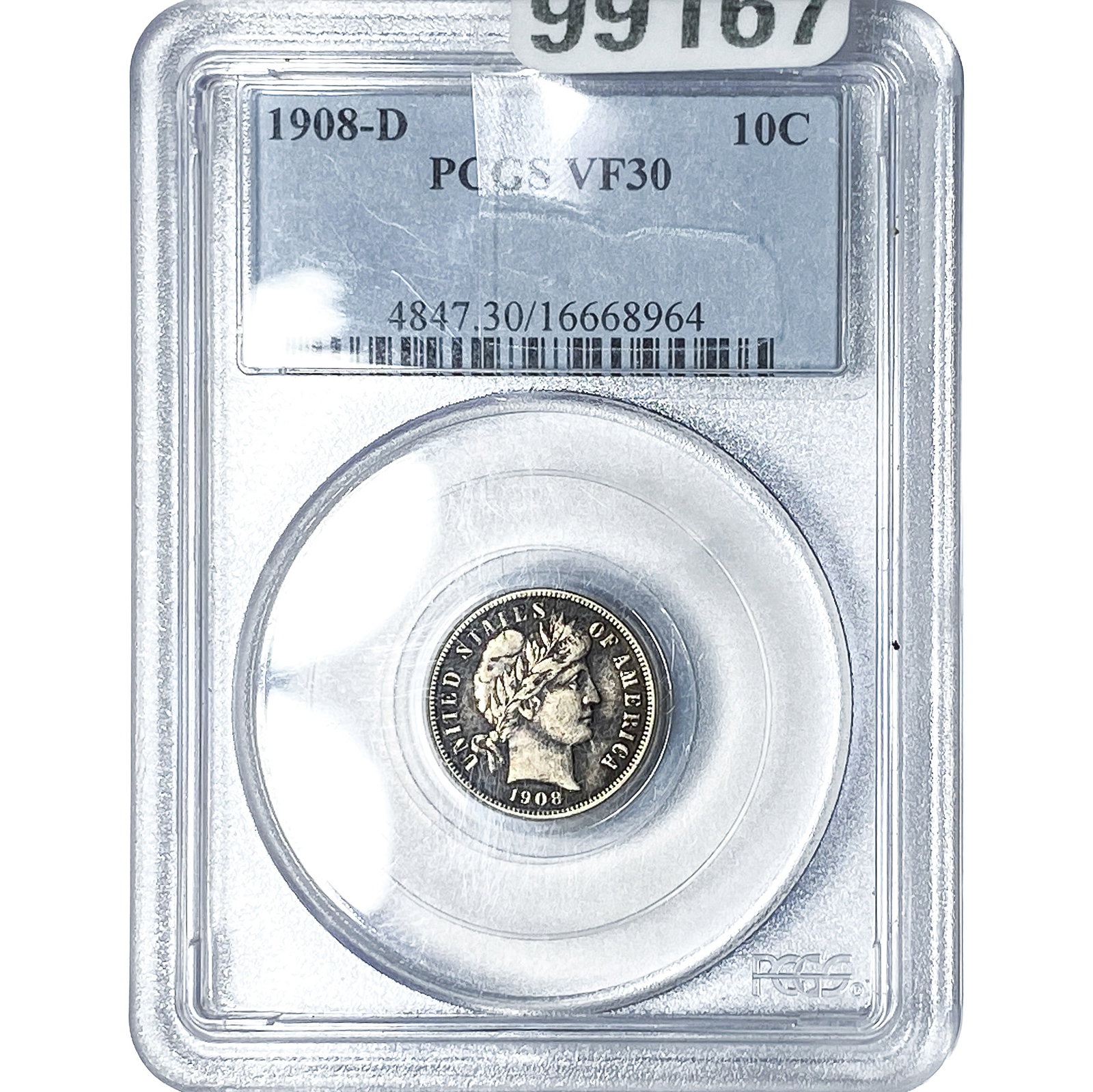 1908-D Barber Dime PCGS VF30: 1908-D Barber Dime PCGS VF30