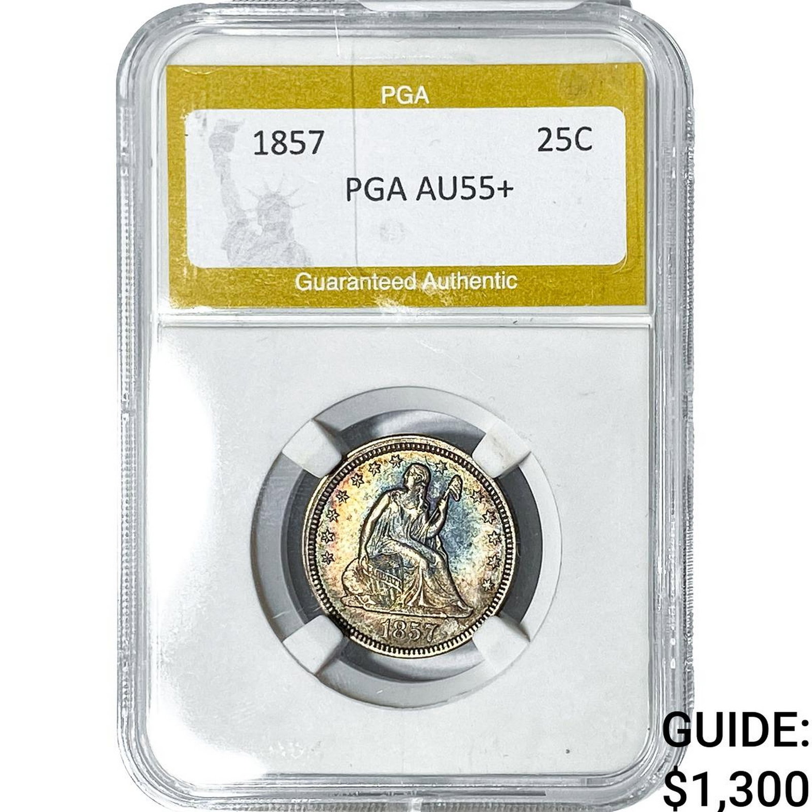 1857 Seated Liberty Quarter PGA AU55+: 1857 Seated Liberty Quarter PGA AU55+