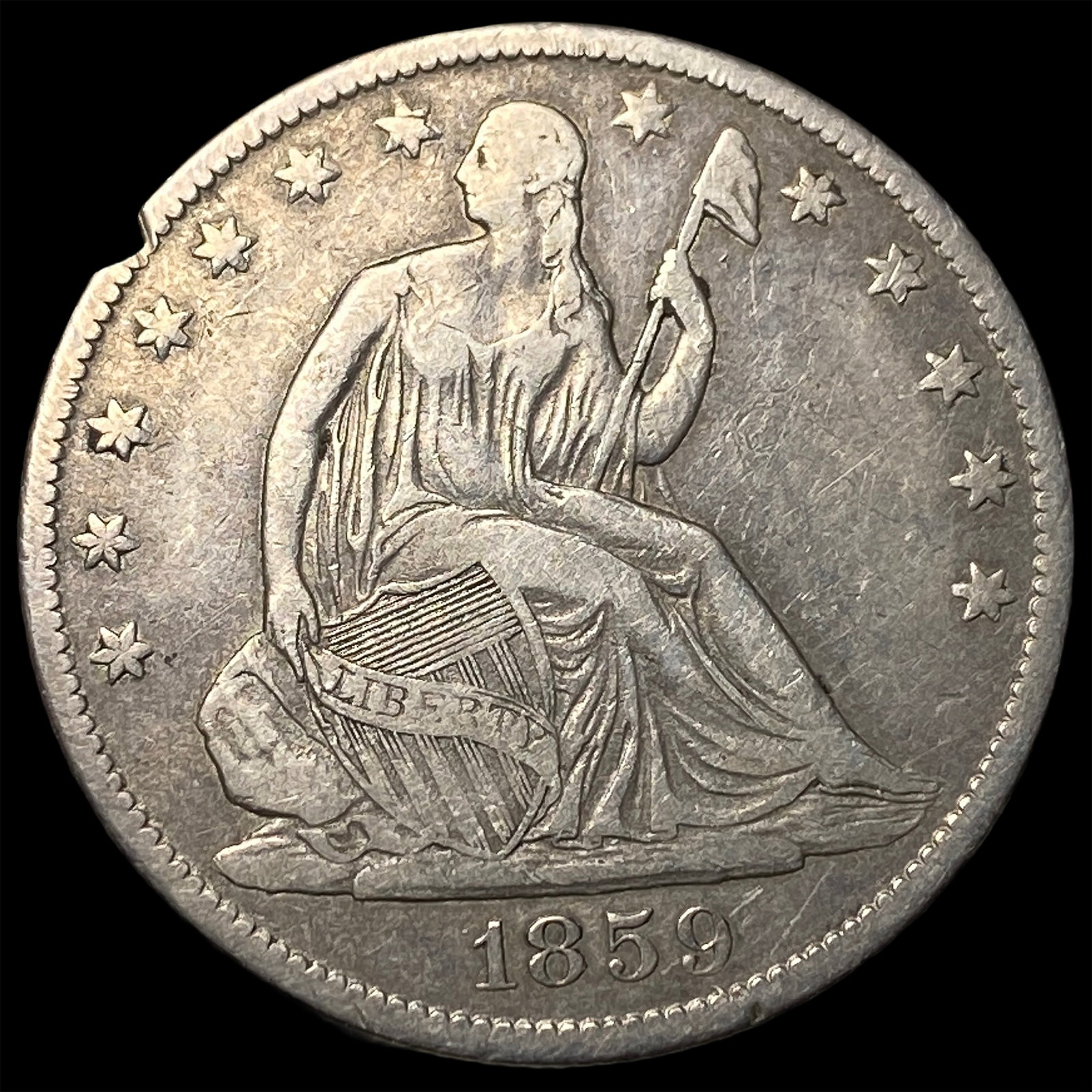 1859-O Silver Seated Liberty Half Dollar NEARLY UNCIRCULATED: 1859-O Silver Seated Liberty Half Dollar NEARLY UNCIRCULATED