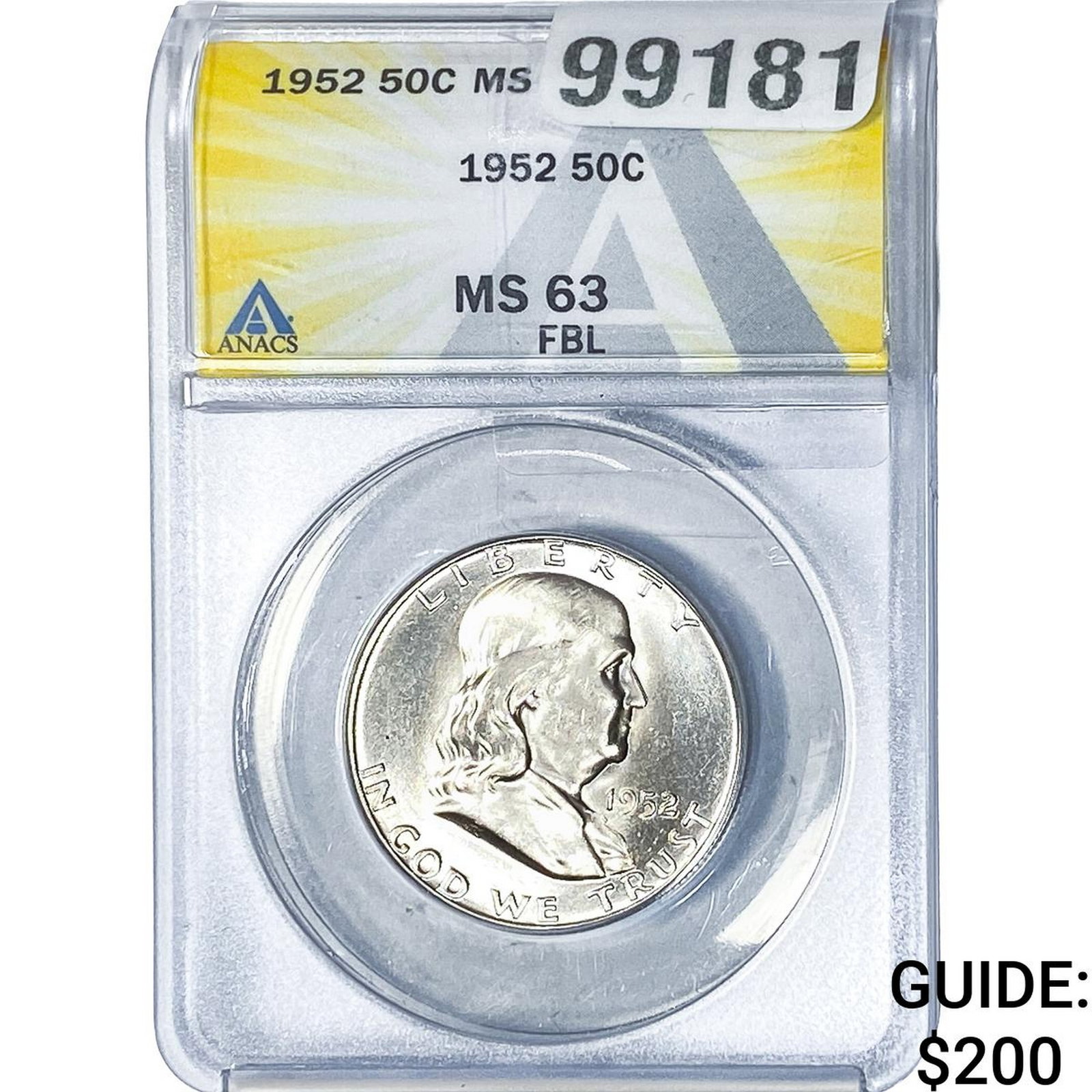 1952 Franklin Half Dollar ANACS MS63 FBL: 1952 Franklin Half Dollar ANACS MS63 FBL