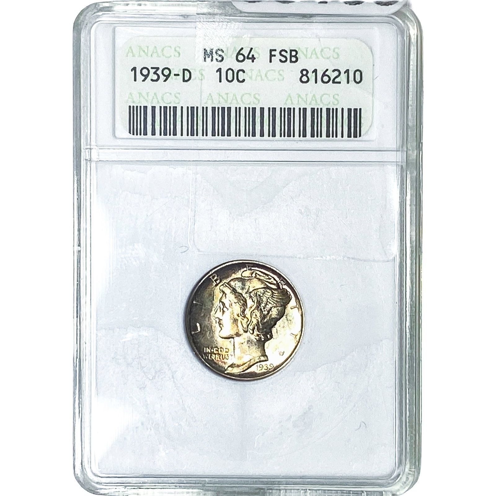 1939-D Mercury Silver Dime ANACS MS64 FSB: 1939-D Mercury Silver Dime ANACS MS64 FSB