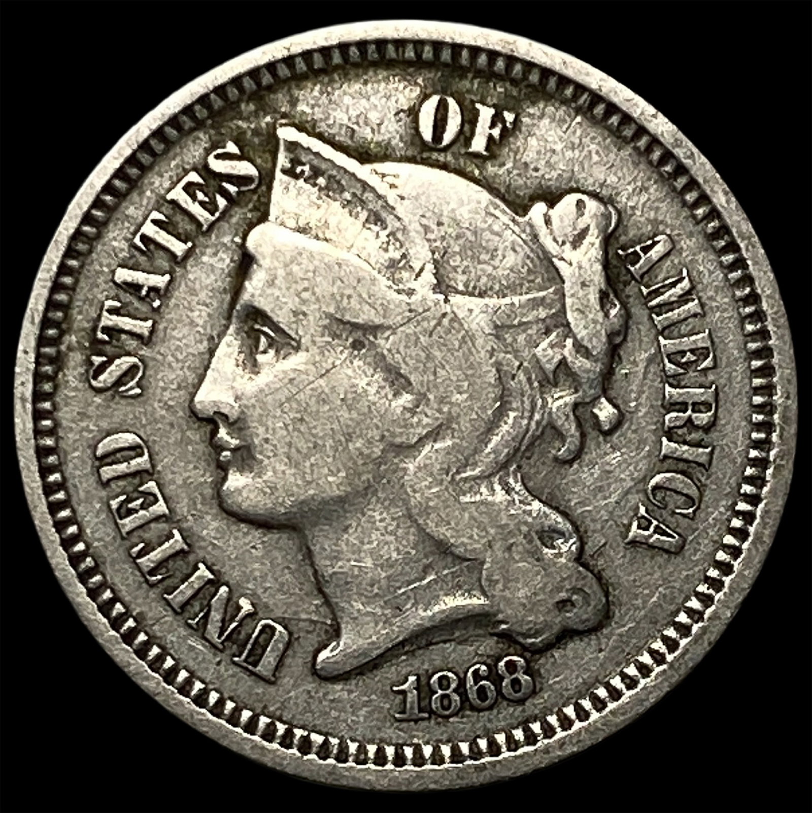 1868 Nickel Three-Cent Piece ABOUT UNCIRCULATED: 1868 Nickel Three-Cent Piece ABOUT UNCIRCULATED