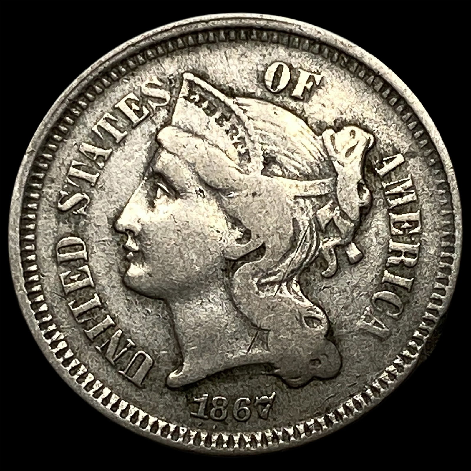 1867 Nickel Three-Cent Piece ABOUT UNCIRCULATED (1 of 2)