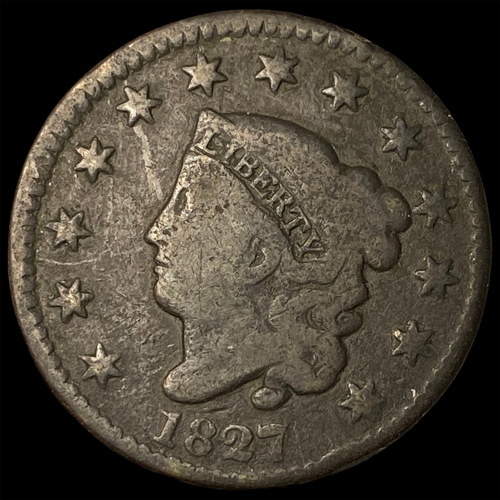 1827 Coronet Head Large Cent NICELY CIRCULATED: 1827 Coronet Head Large Cent NICELY CIRCULATED