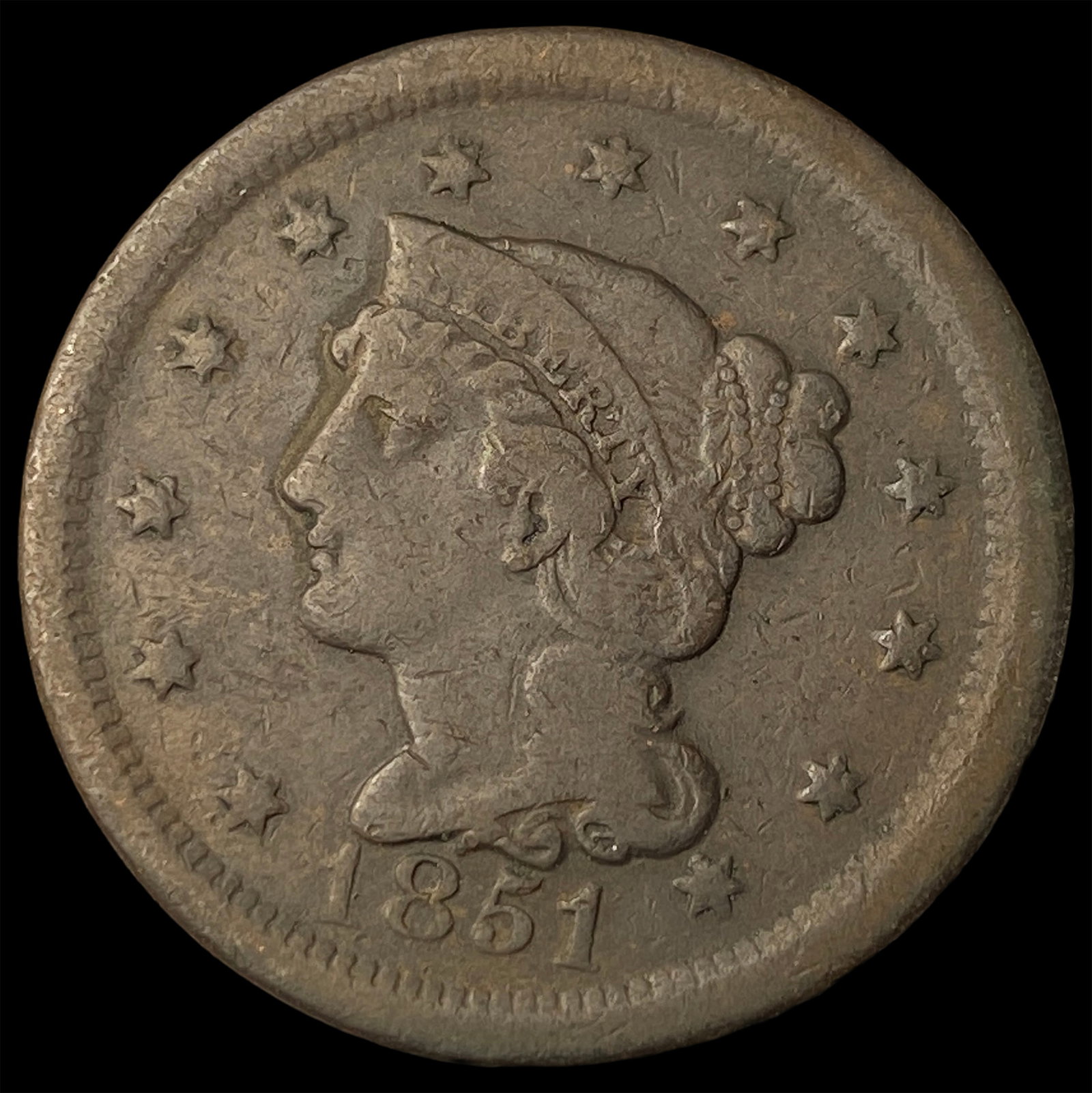 1851 Braided Hair Large Cent LIGHTLY CIRCULATED: 1851 Braided Hair Large Cent LIGHTLY CIRCULATED