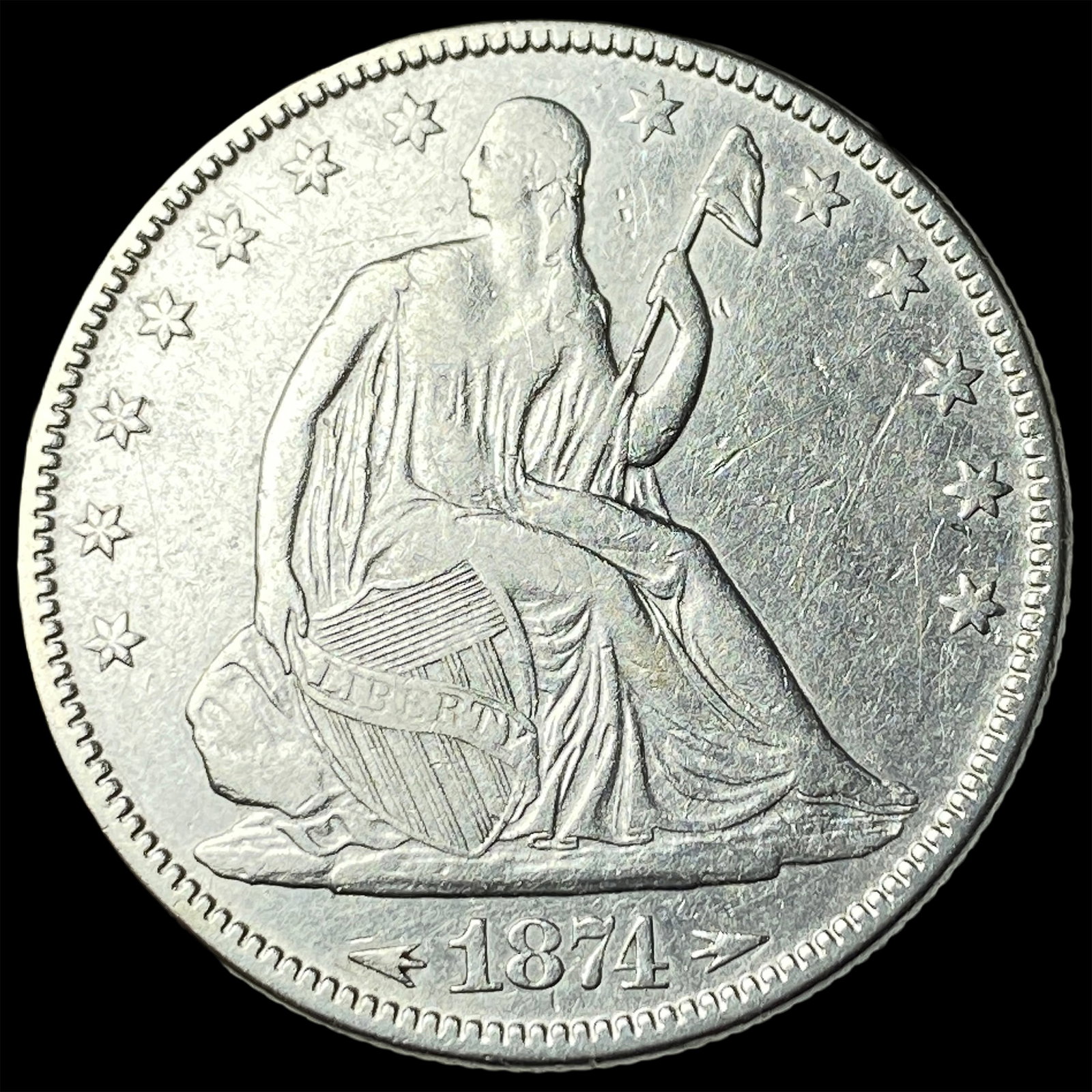 1874 Arrows Seated Liberty Half Dollar CLOSELY UNCIRCULATED: 1874 Arrows Seated Liberty Half Dollar CLOSELY UNCIRCULATED
