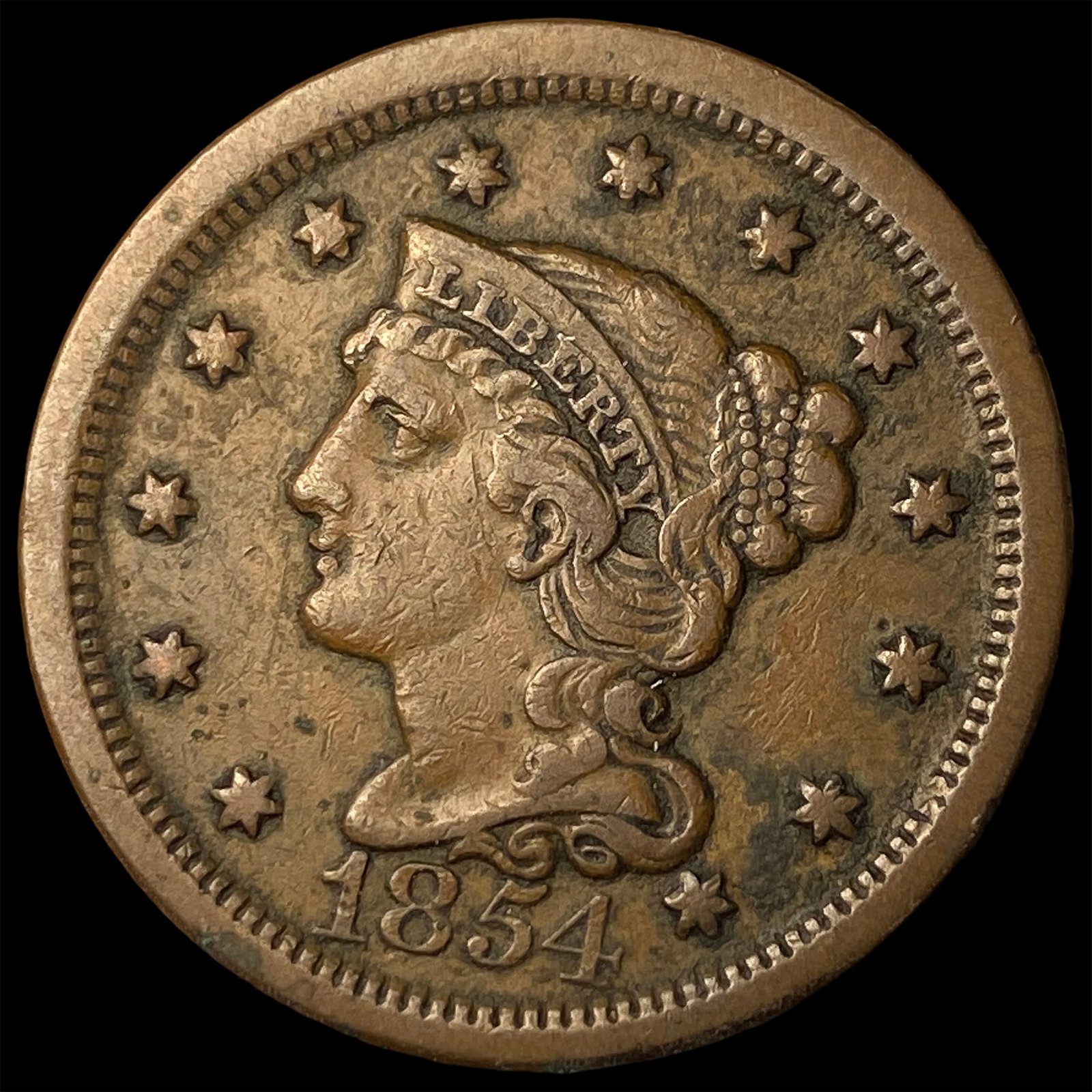 1854 Braided Hair Large Cent CLOSELY UNCIRCULATED: 1854 Braided Hair Large Cent CLOSELY UNCIRCULATED