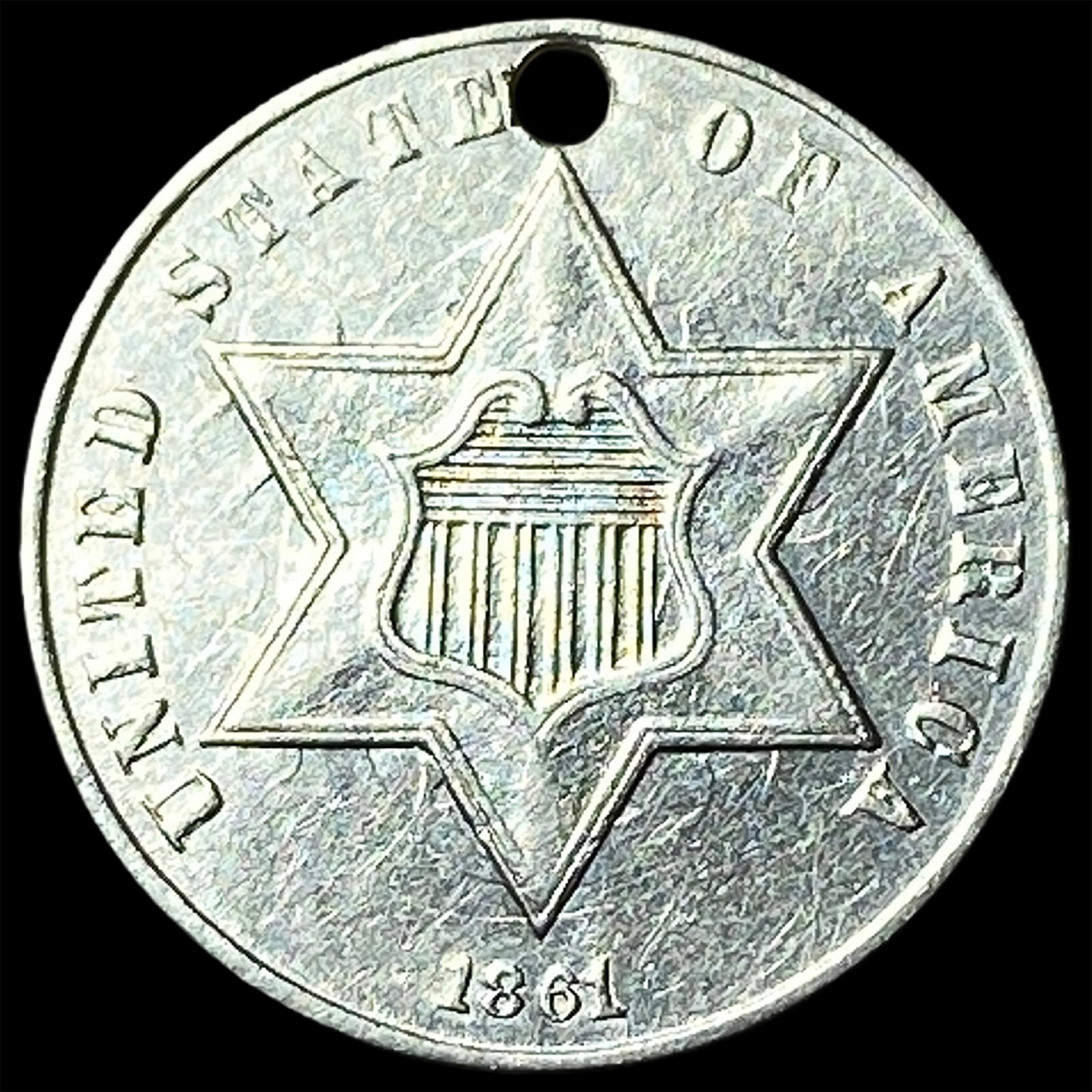 1861 Silver Three-Cent Piece (holed) HIGH GRADE: 1861 Silver Three-Cent Piece (holed) HIGH GRADE