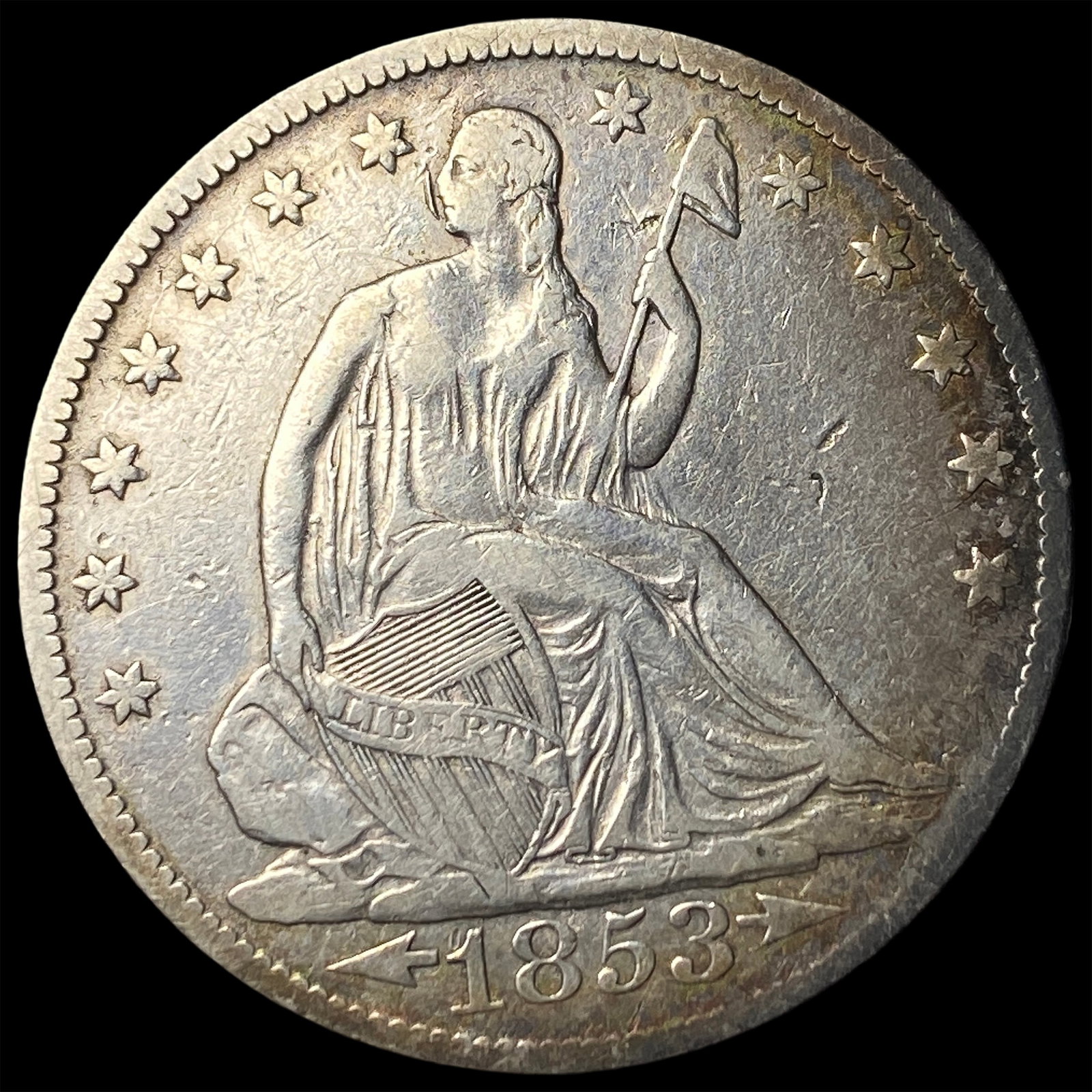 1853 Arrows & Rays Silver Seated Liberty Half Dollar NEARLY UNCIRCULATED: 1853 Arrows & Rays Silver Seated Liberty Half Dollar NEARLY UNCIRCULATED