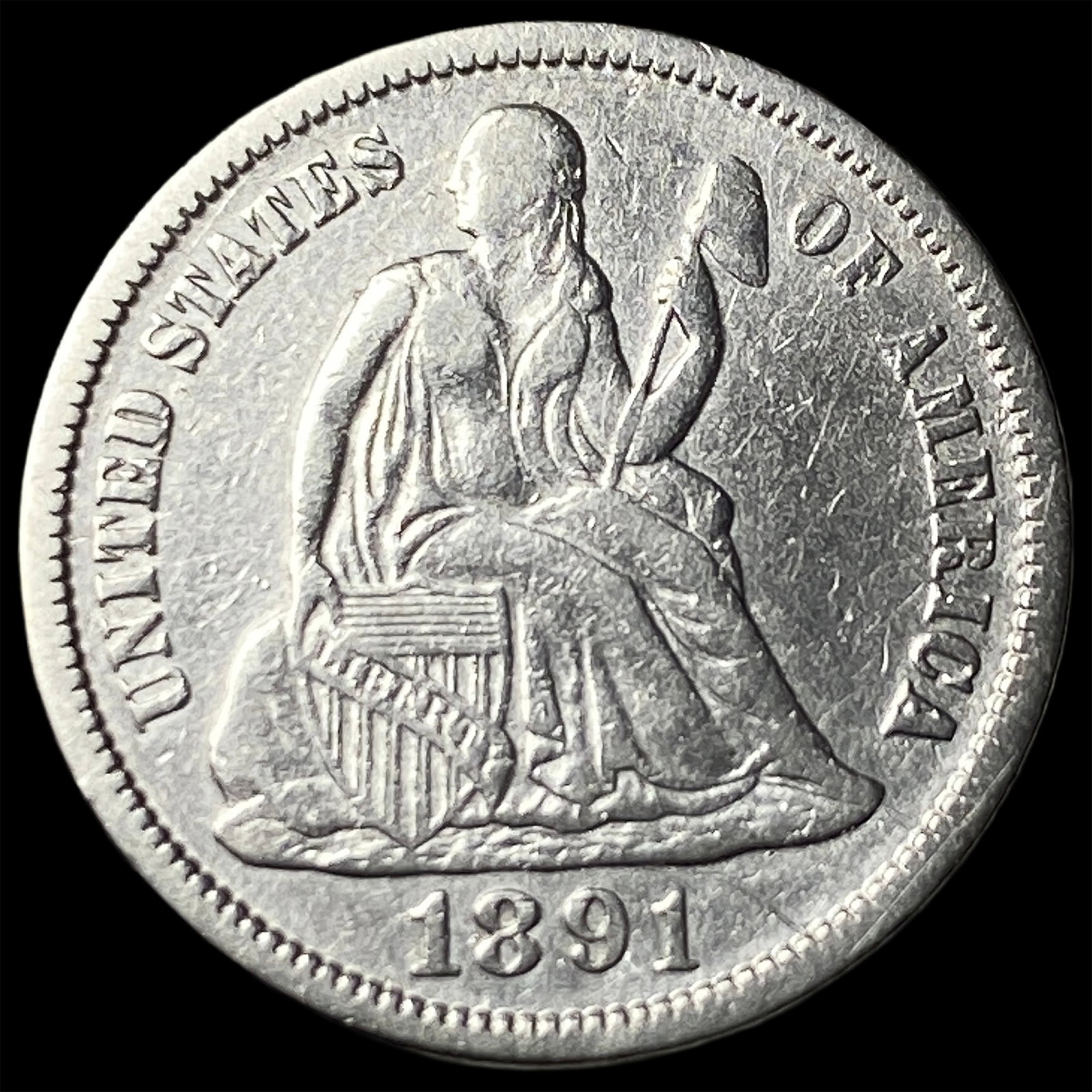 1891 Silver Dime (Seated Liberty) CLOSELY UNCIRCULATED: 1891 Silver Dime (Seated Liberty) CLOSELY UNCIRCULATED
