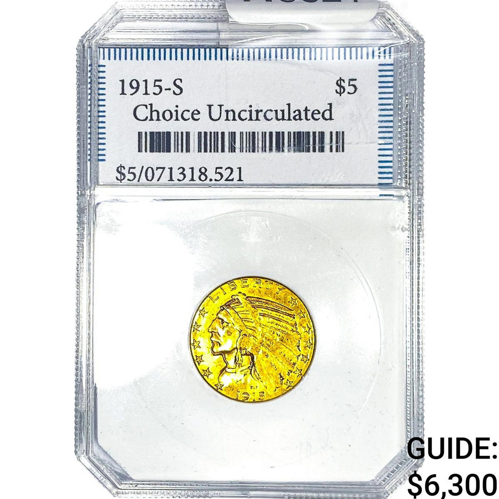 1915-S $5 Gold Half Eagle Choice UNC: 1915-S $5 Gold Half Eagle Choice UNC