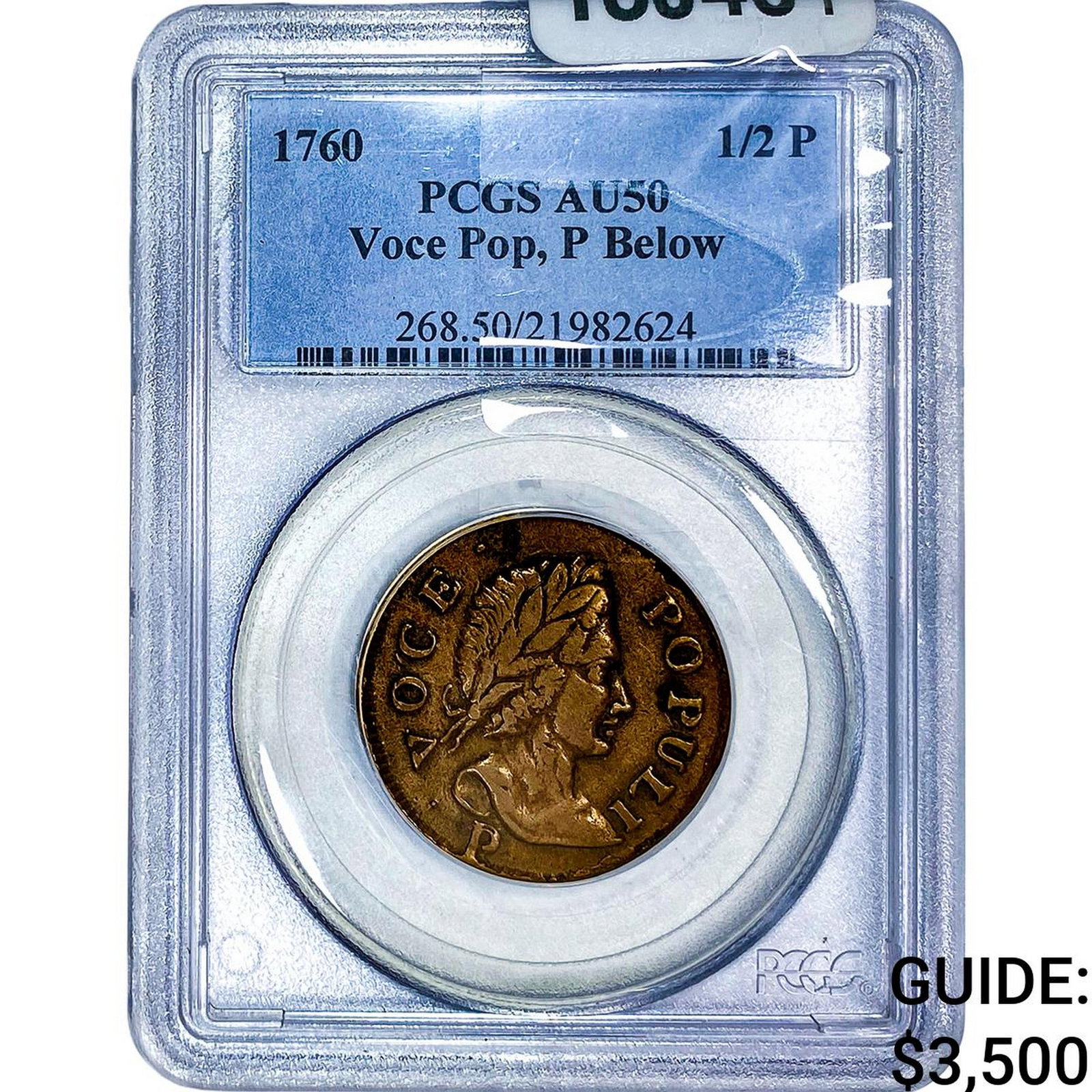 1760 1/2C Voce Pop, P Below PCGS AU50: 1760 1/2C Voce Pop, P Below PCGS AU50
