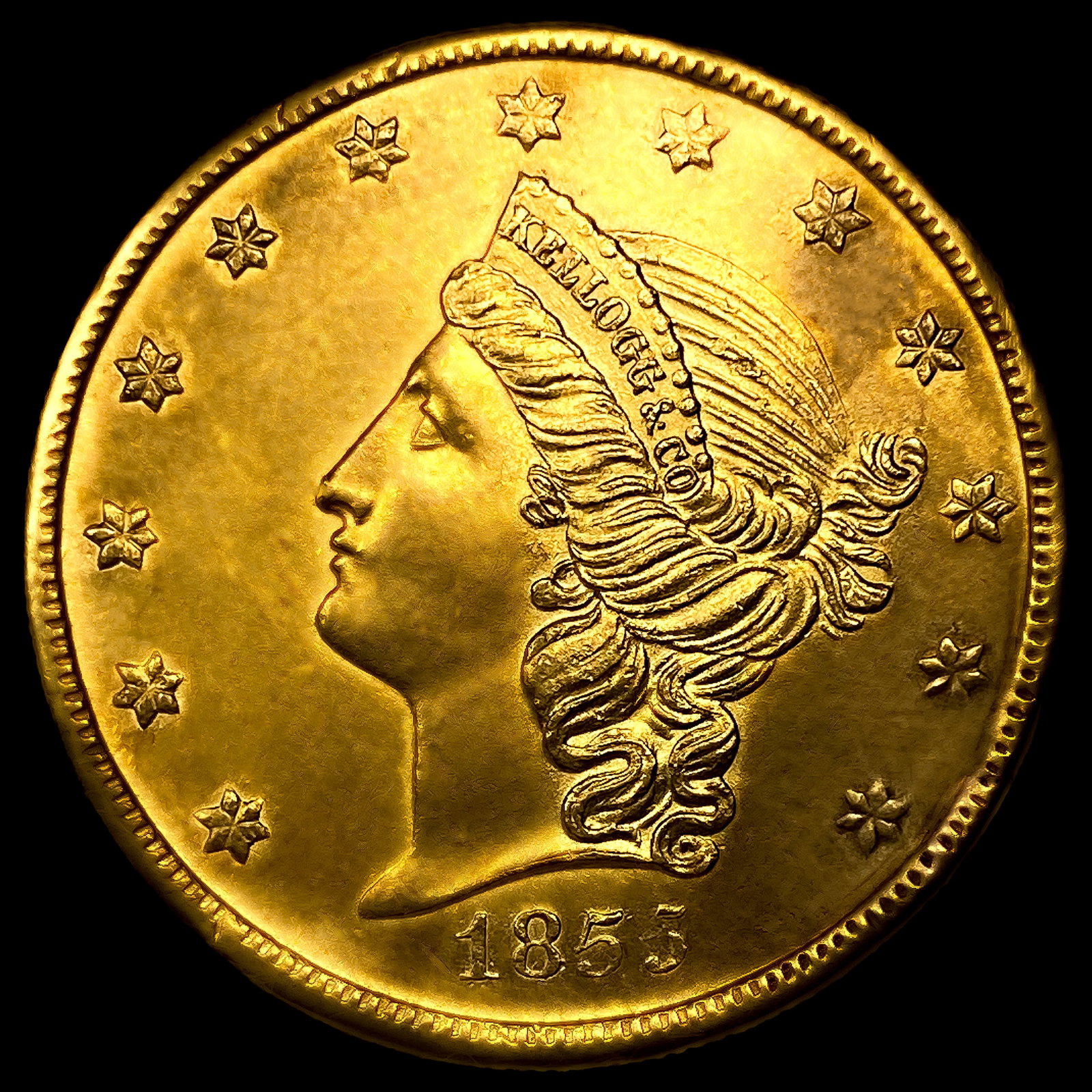 1855 Kellogg California $20 Gold: 1855 Kellogg California $20 Gold