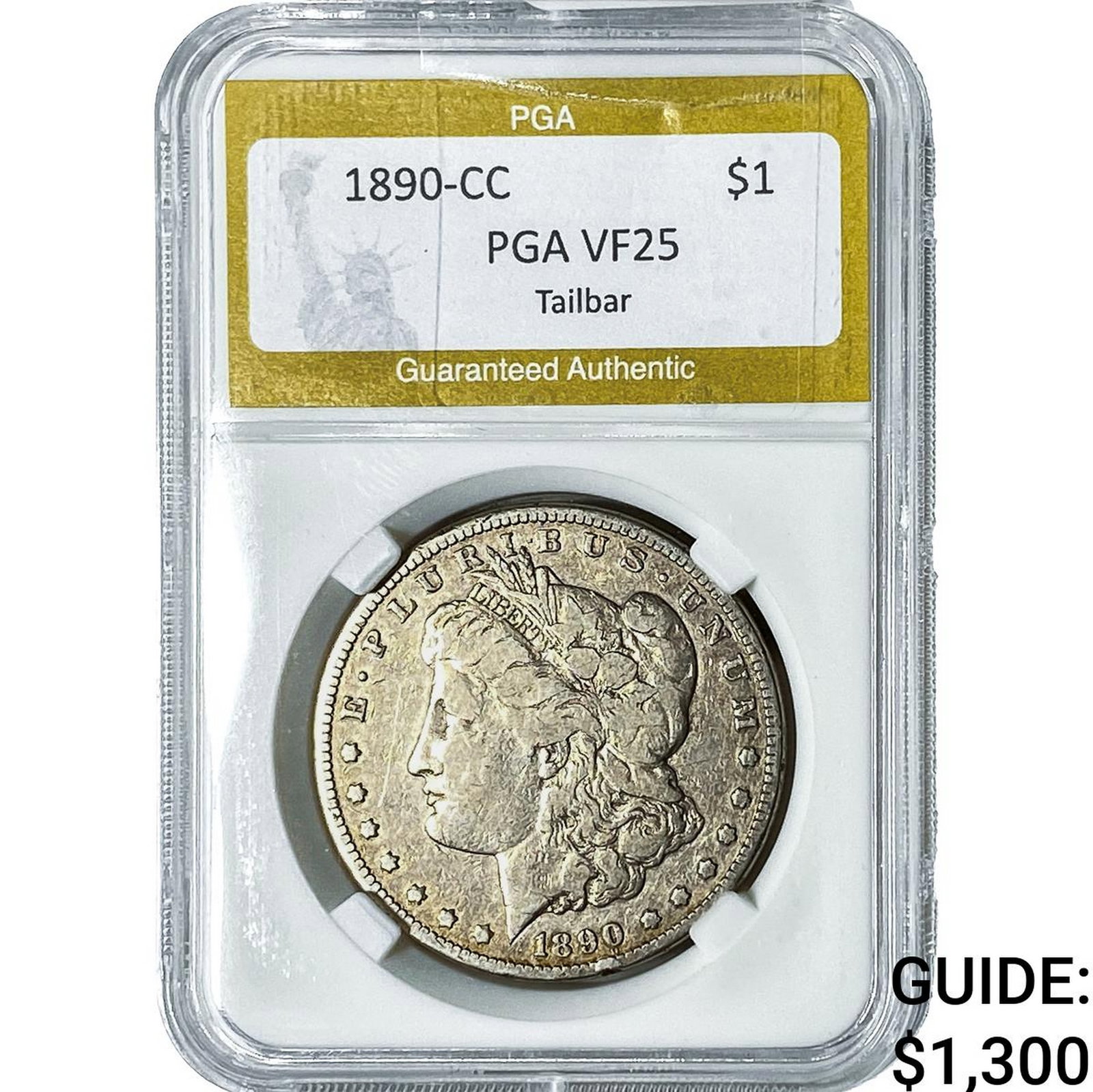 1890-CC Morgan Silver Dollar PGA VF25 Tailbar: 1890-CC Morgan Silver Dollar PGA VF25 Tailbar