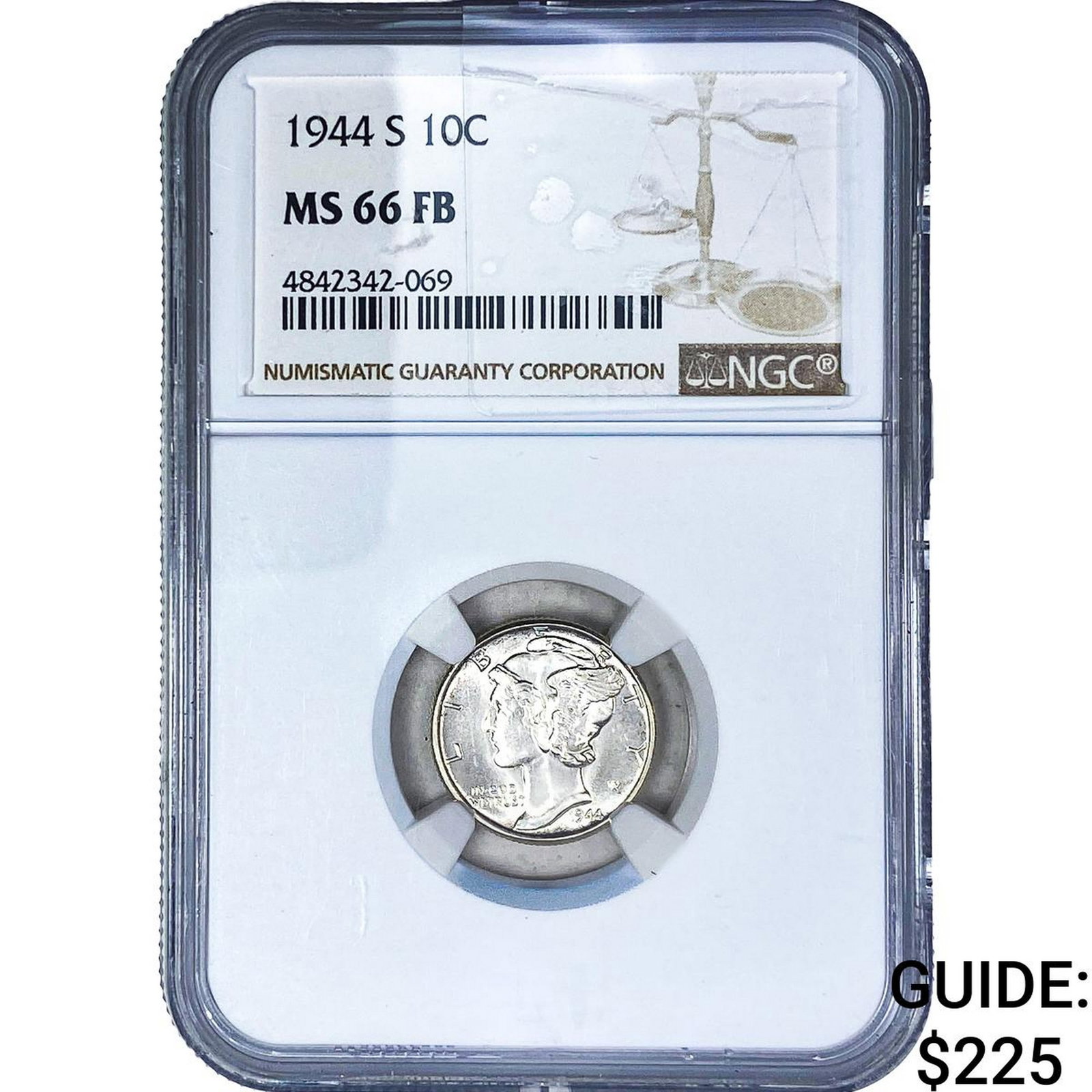 1944-S Mercury Silver Dime NGC MS66 FB: 1944-S Mercury Silver Dime NGC MS66 FB