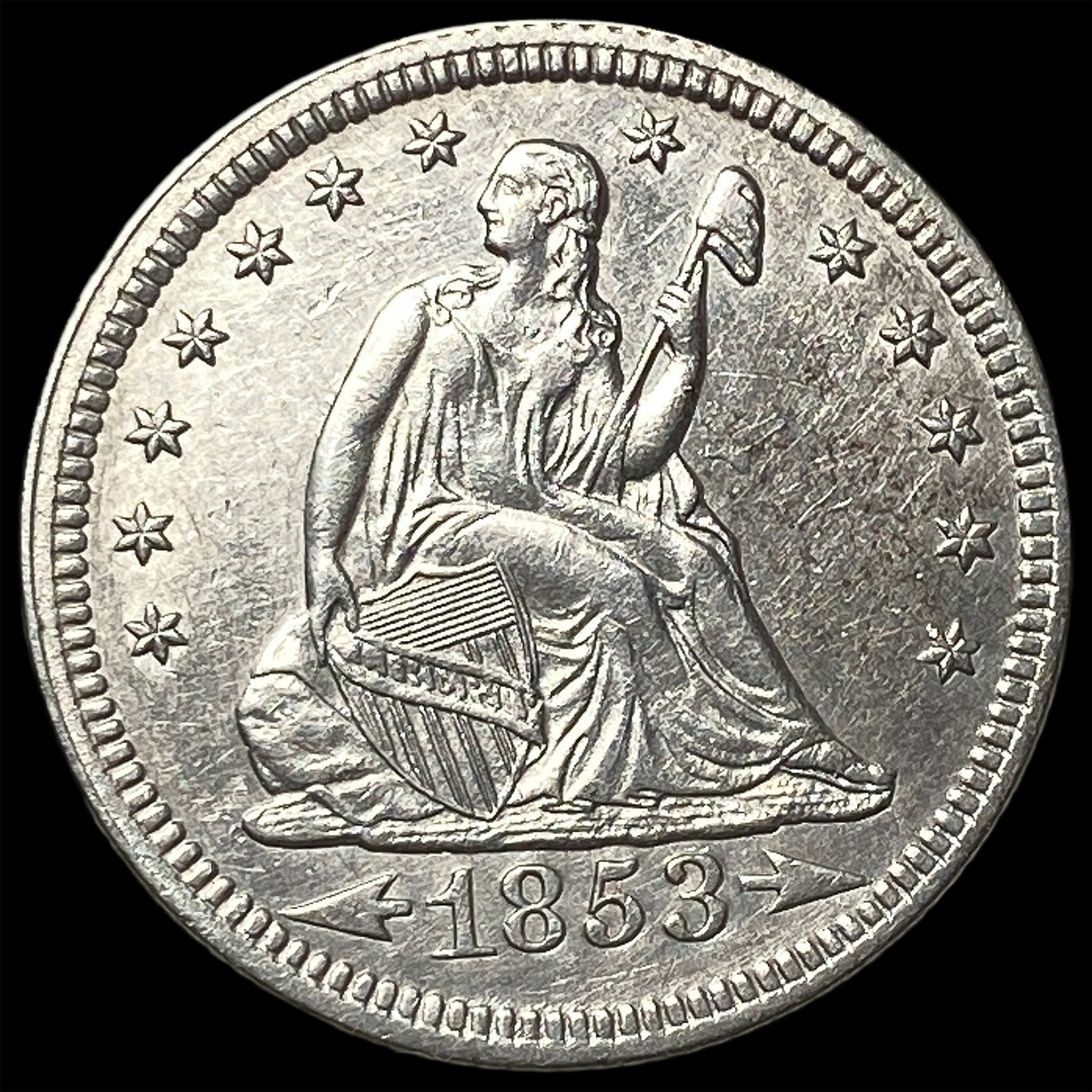 1853 Arrows/Rays Seated Liberty Silver Quarter UNCIRCULATED (1 of 2)