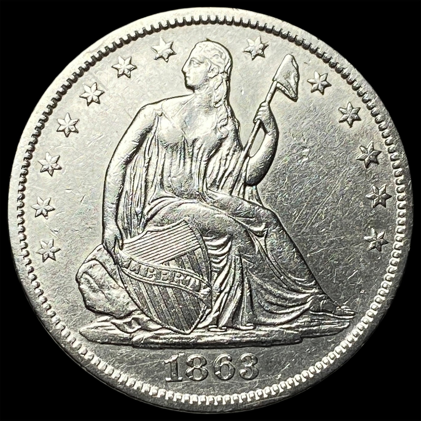 1863-S Silver Seated Liberty Half Dollar CLOSELY UNCIRCULATED: 1863-S Silver Seated Liberty Half Dollar CLOSELY UNCIRCULATED