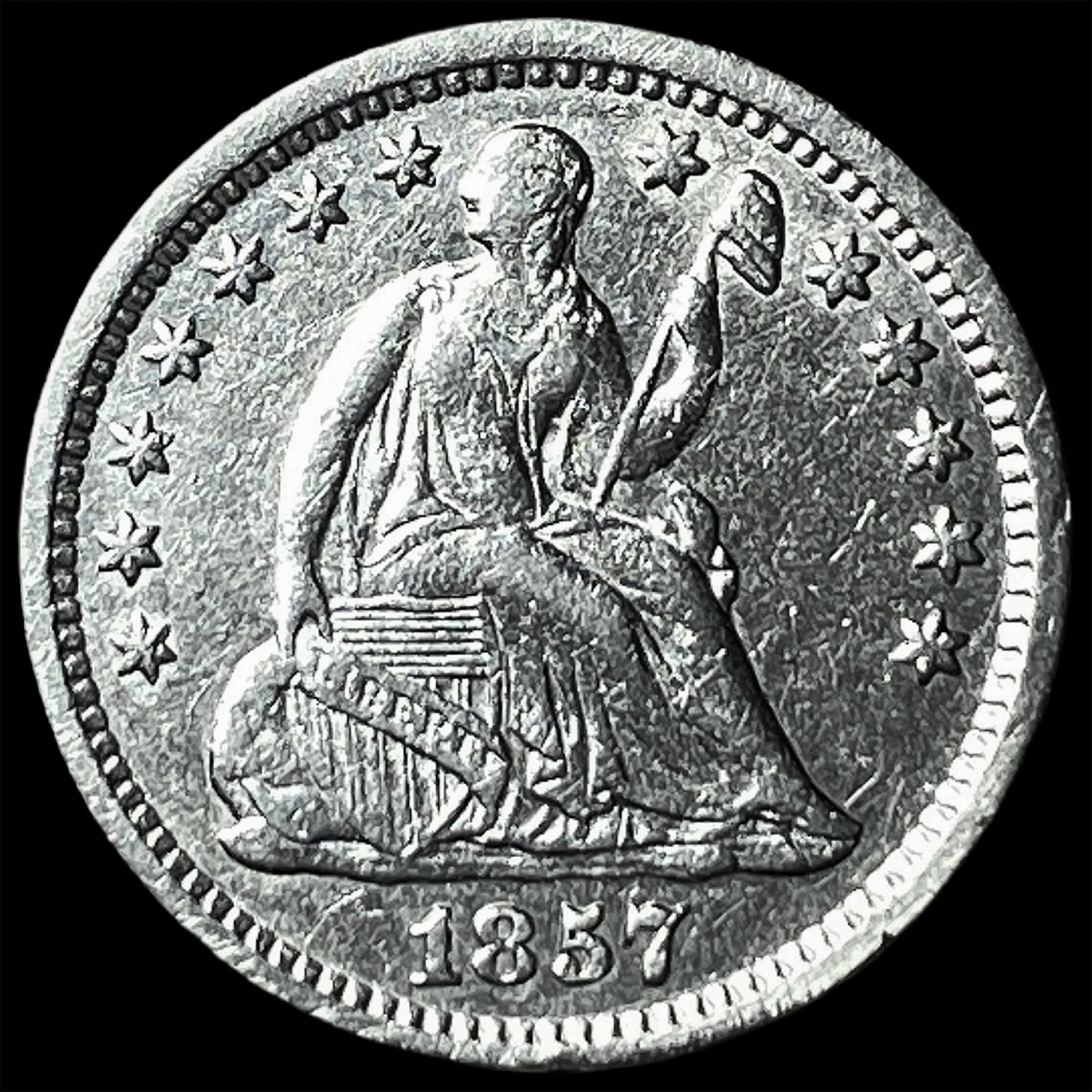 1857-O Silver Seated Liberty Half Dime ABOUT UNCIRCULATED: 1857-O Silver Seated Liberty Half Dime ABOUT UNCIRCULATED