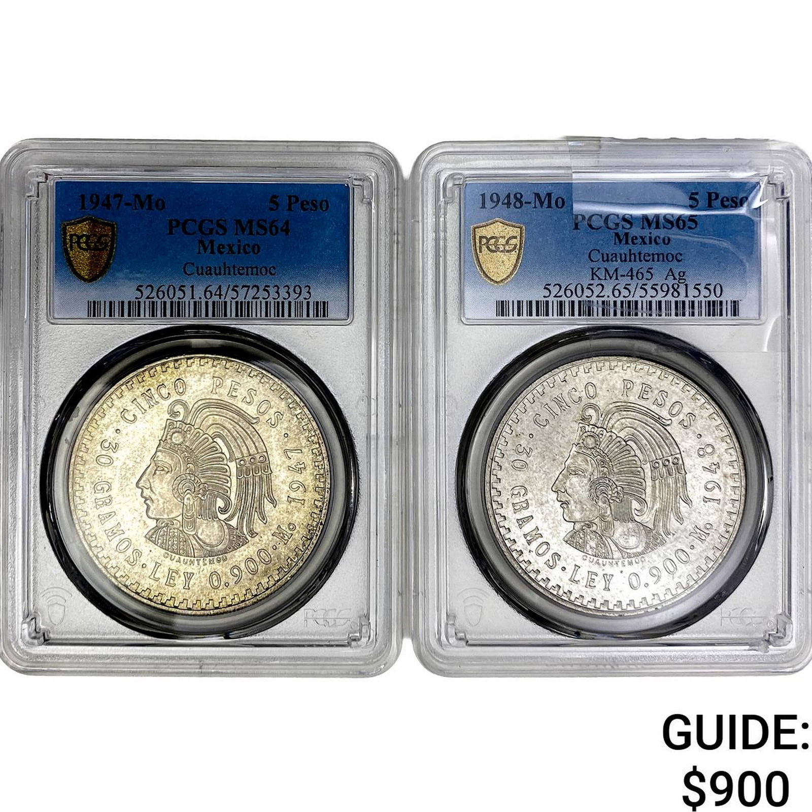 [2 Coins] 1948-Mo 5 Peso Mexico Cuauhtemoc PCGS MS65: [2 Coins] 1948-Mo 5 Peso Mexico Cuauhtemoc PCGS MS65