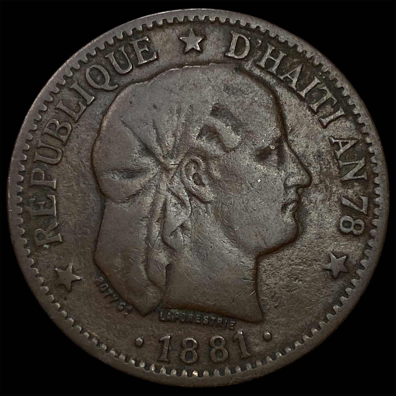 1881 Haiti Bronze 2 Centimes (1 of 2)