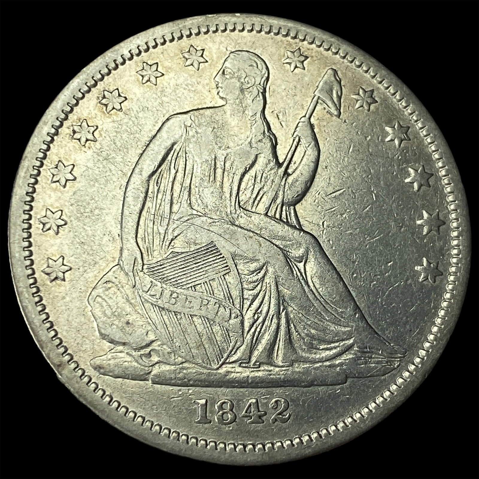 1842 Silver Seated Liberty Half Dollar CLOSELY UNCIRCULATED: 1842 Silver Seated Liberty Half Dollar CLOSELY UNCIRCULATED