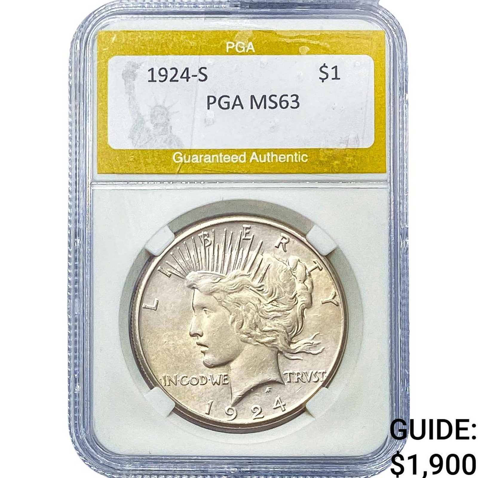 1924-S Silver Peace Dollar PGA MS63: 1924-S Silver Peace Dollar PGA MS63