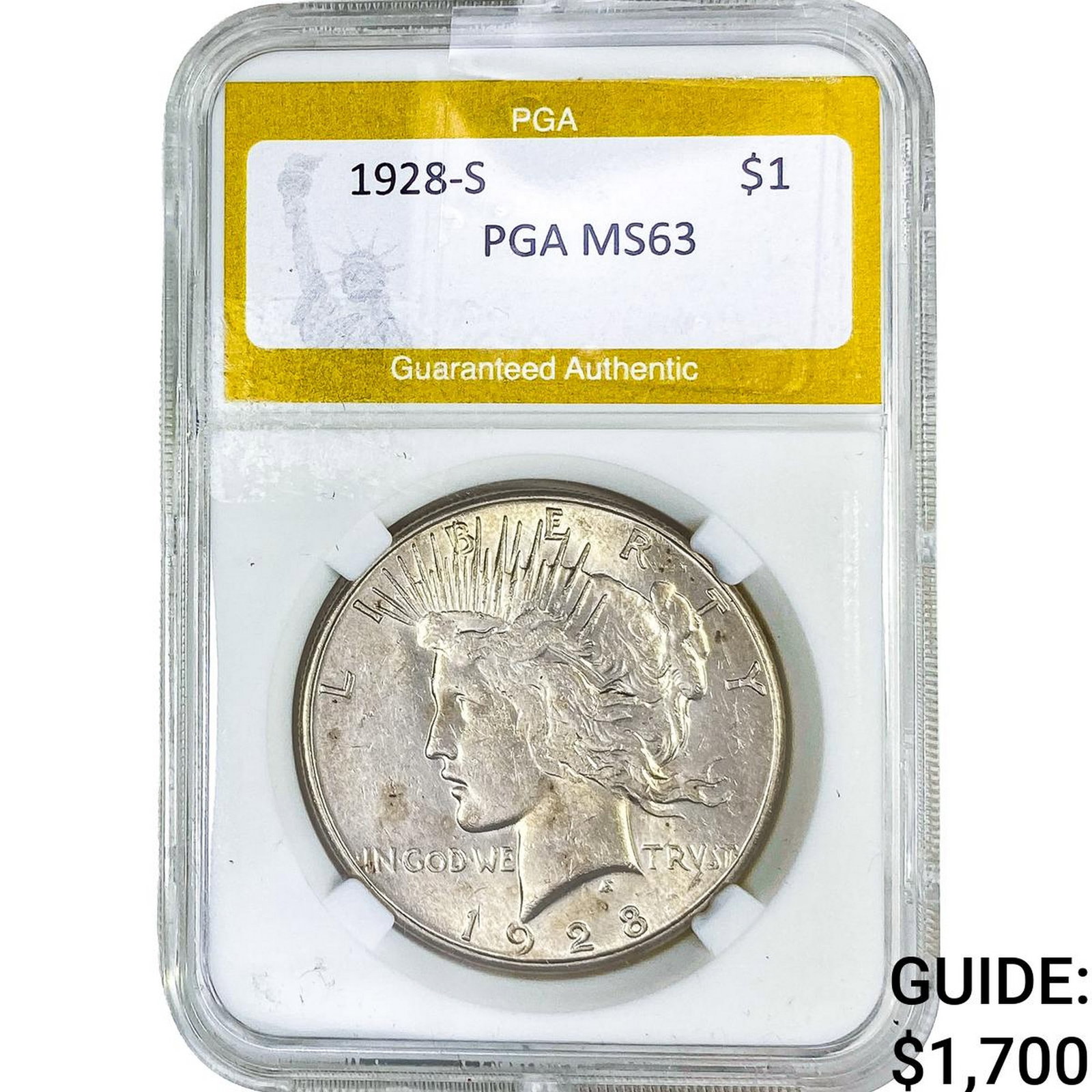 1928-S Silver Peace Dollar PGA MS63: 1928-S Silver Peace Dollar PGA MS63