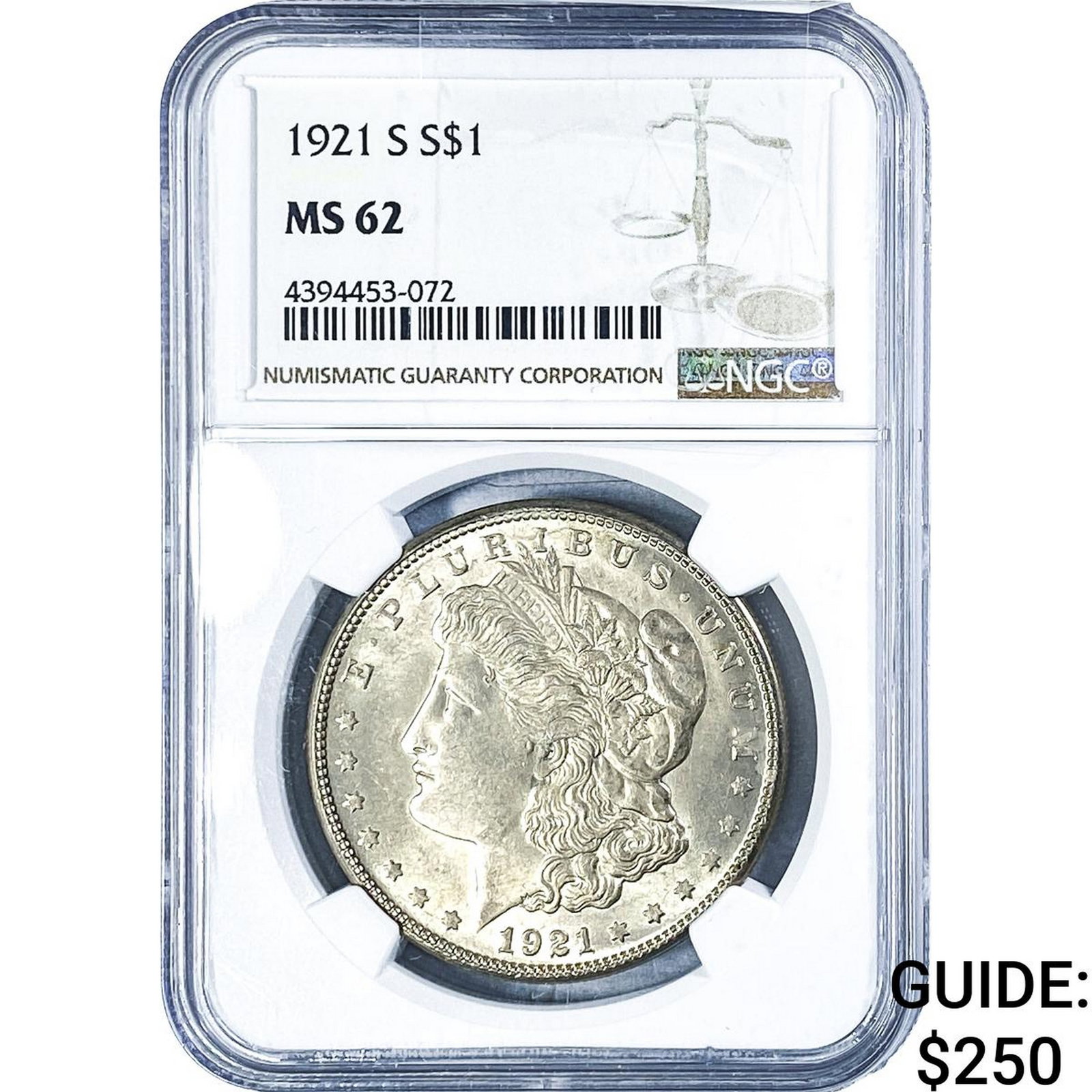 1921-S Morgan Silver Dollar NGC MS62: 1921-S Morgan Silver Dollar NGC MS62