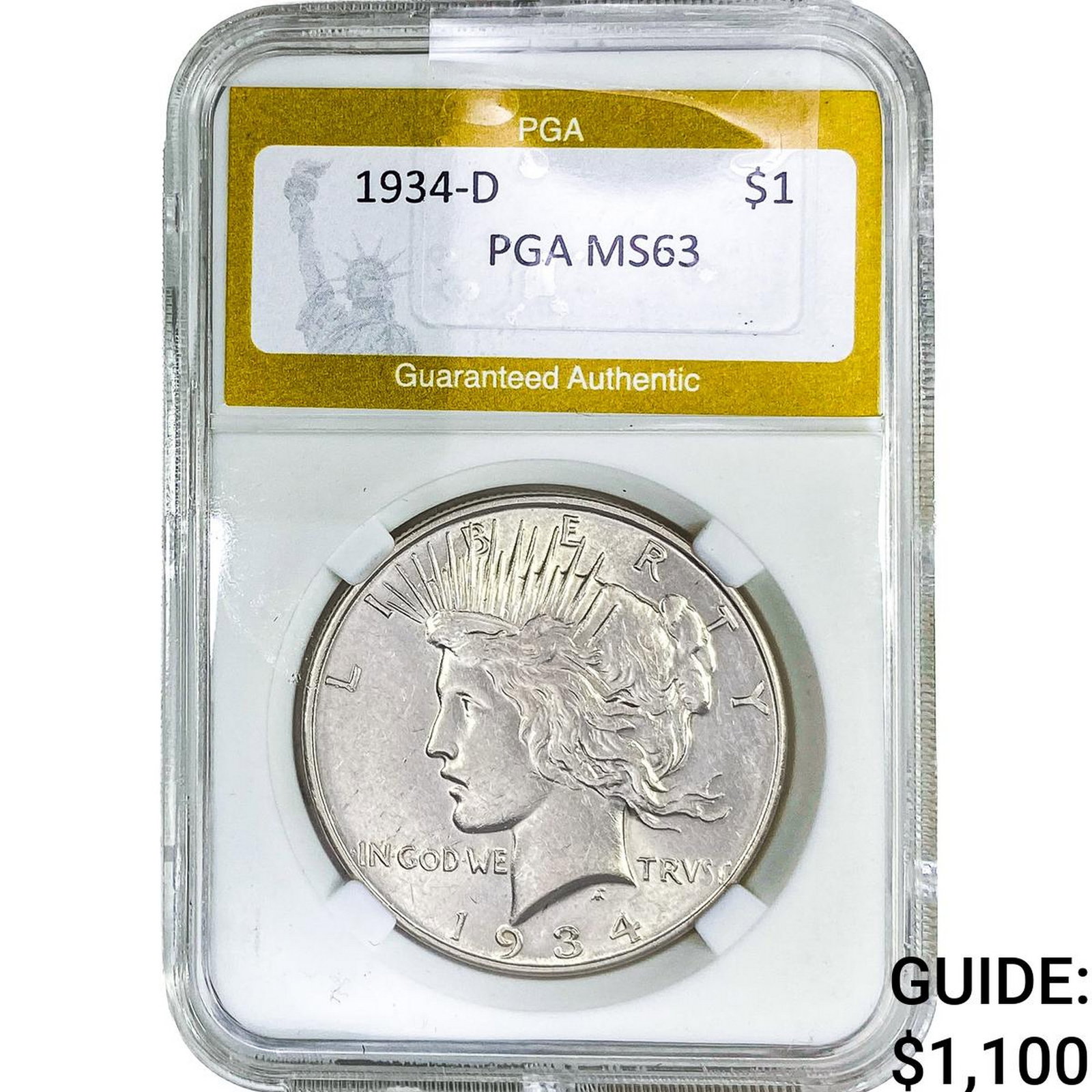 1934-D Silver Peace Dollar PGA MS63: 1934-D Silver Peace Dollar PGA MS63