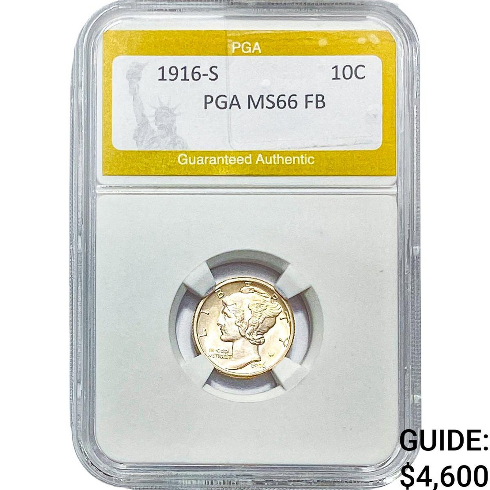 1916-S Mercury Silver Dime PGA MS66 FB: 1916-S Mercury Silver Dime PGA MS66 FB
