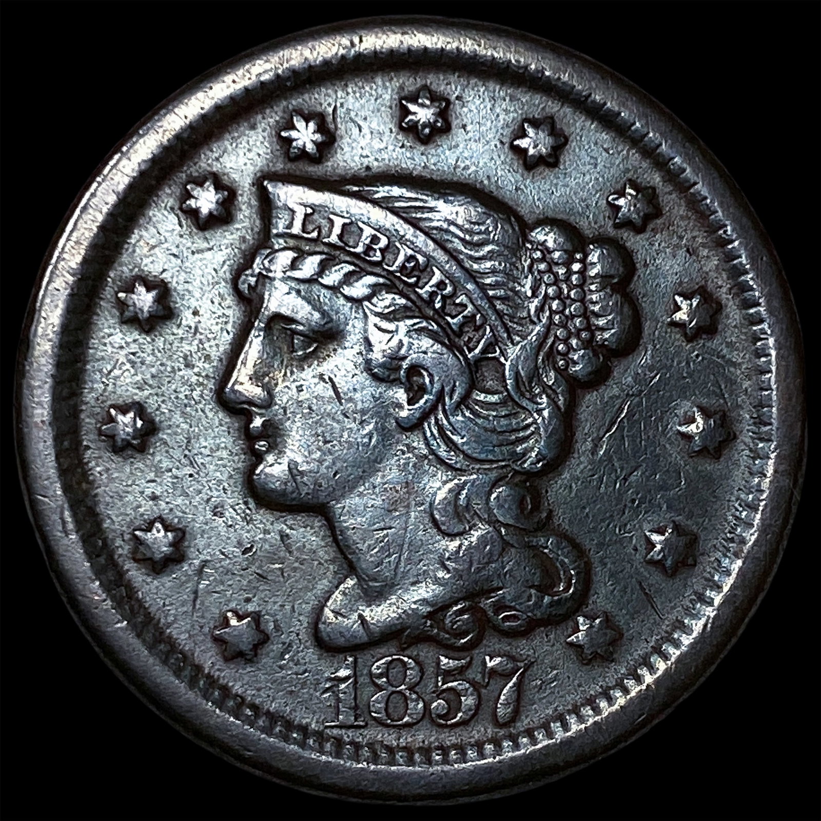 1857 Braided Hair Large Cent CLOSELY UNCIRCULATED: 1857 Braided Hair Large Cent CLOSELY UNCIRCULATED