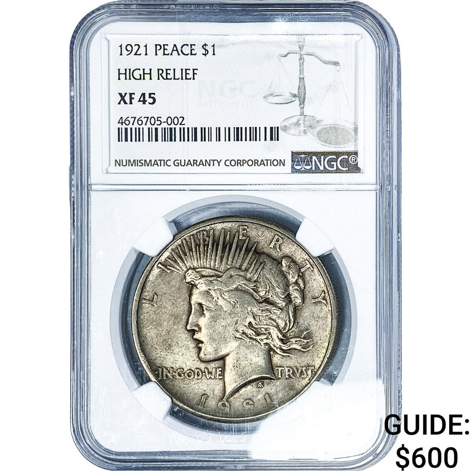 1921 Silver Peace Dollar NGC XF45 High Relief: 1921 Silver Peace Dollar NGC XF45 High Relief