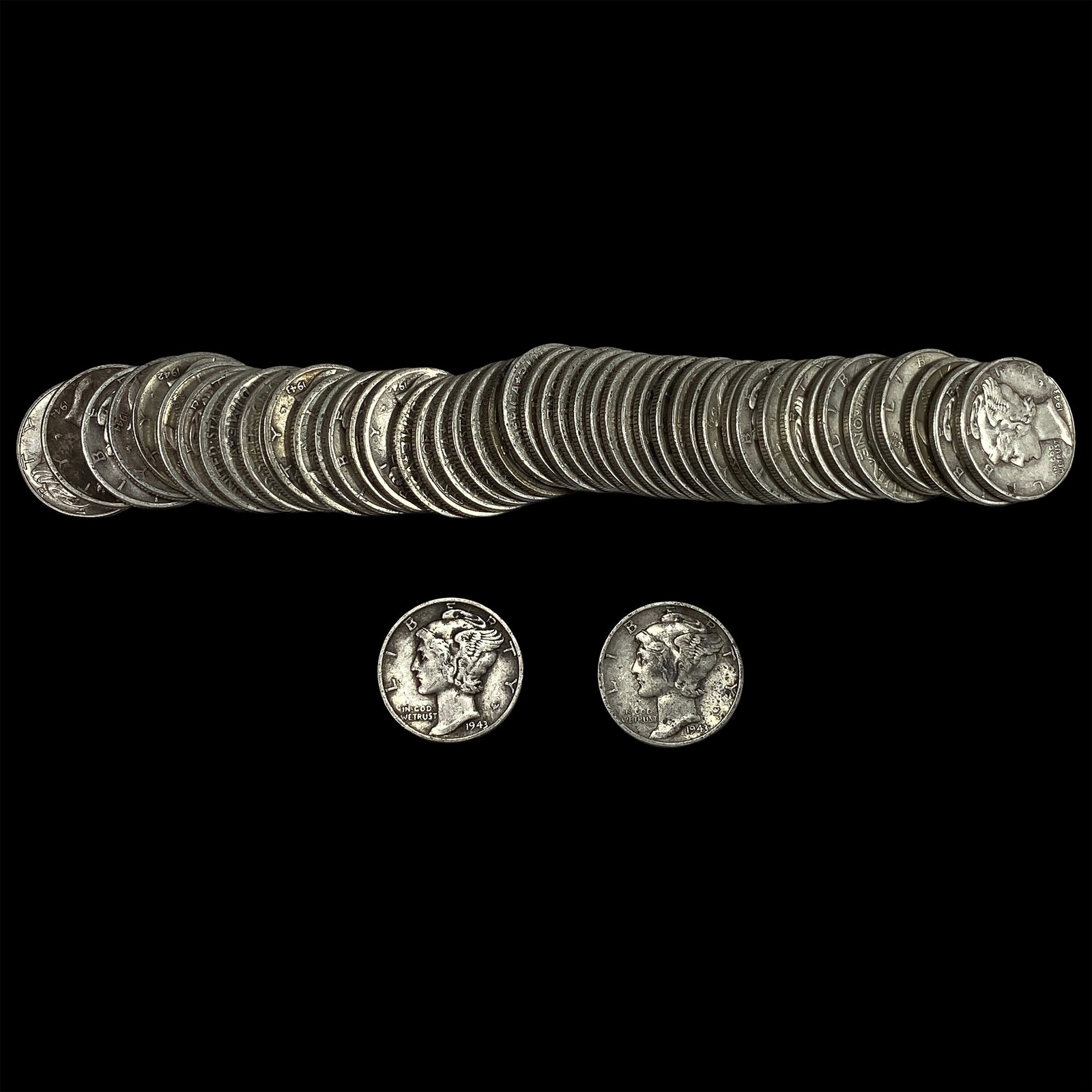 [50] 1925-1945 Mercury Silver Dime Roll: [50] 1925-1945 Mercury Silver Dime Roll