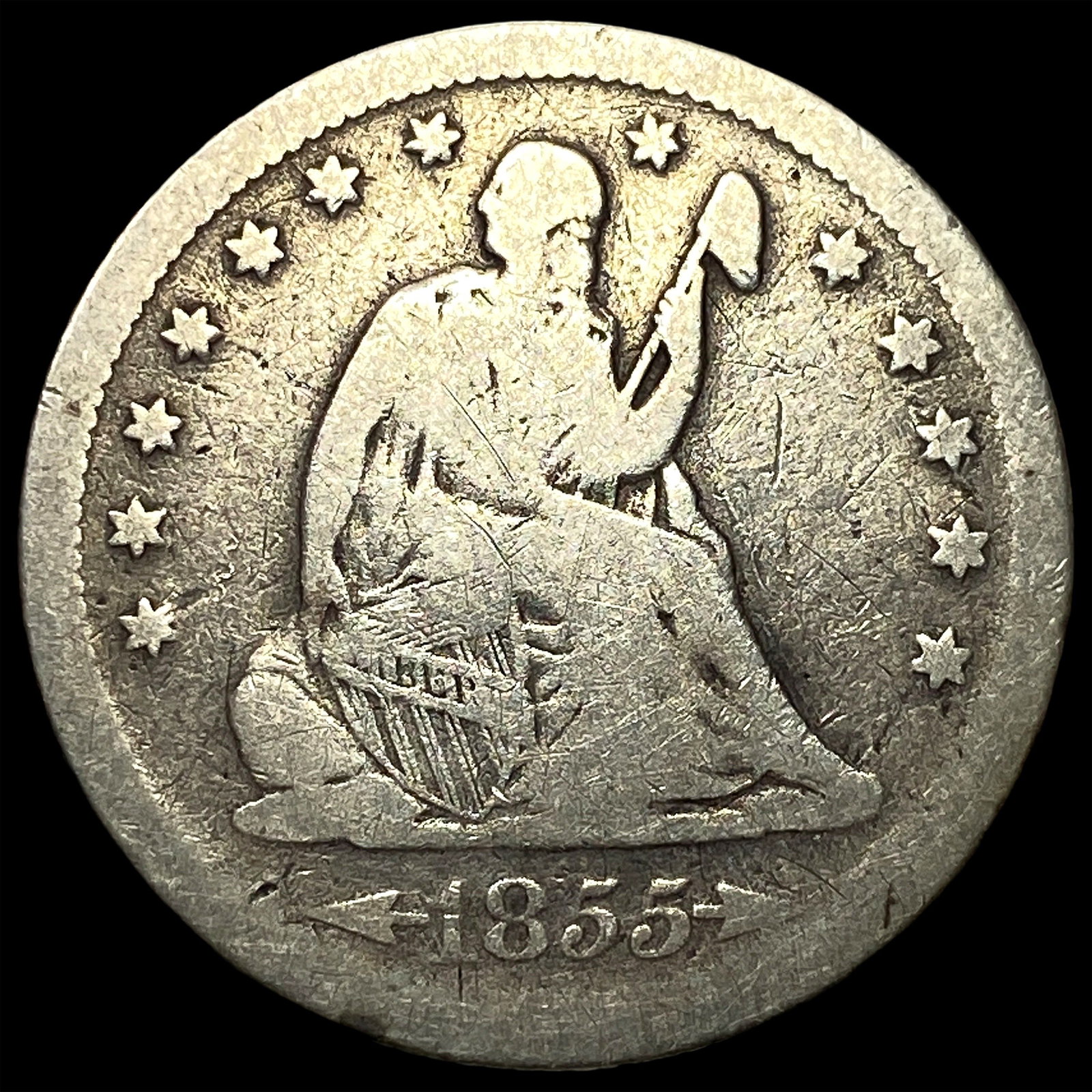 1855-S Silver Seated Liberty Quarter NICELY CIRCULATED: 1855-S Silver Seated Liberty Quarter NICELY CIRCULATED