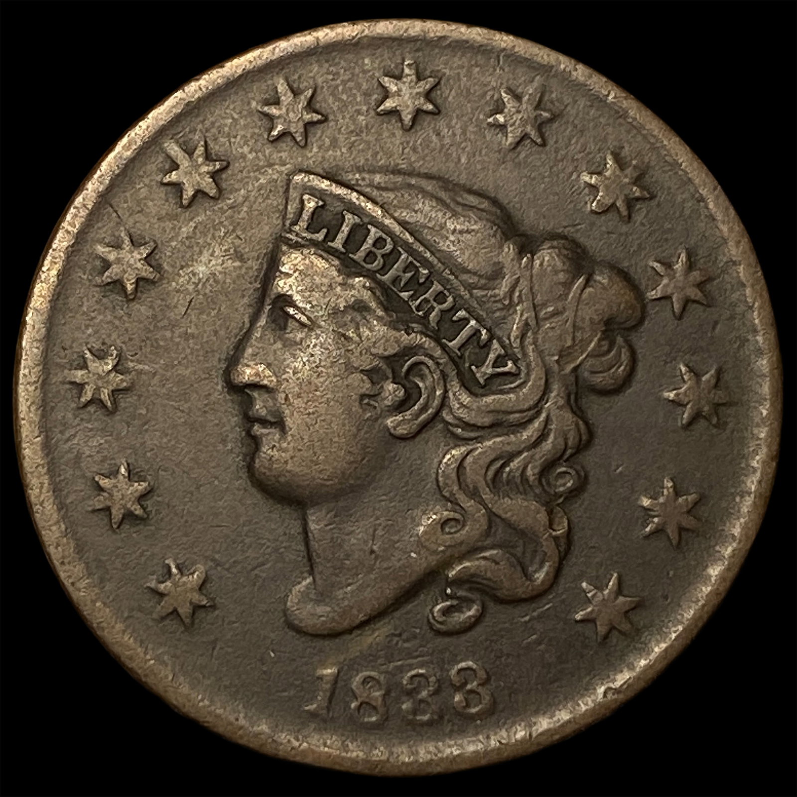 1833 BN Coronet Head Large Cent CLOSELY UNCIRCULATED: 1833 BN Coronet Head Large Cent CLOSELY UNCIRCULATED