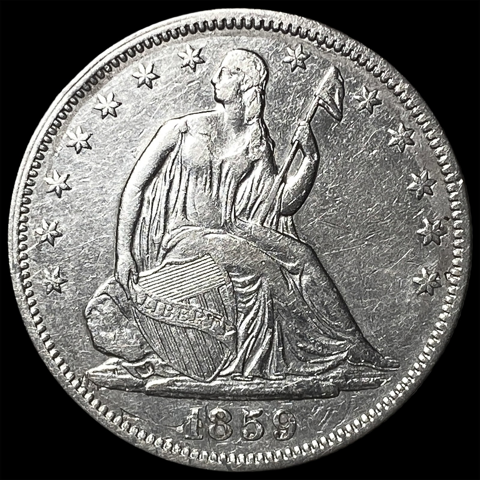 1859 Silver Seated Liberty Half Dollar CHOICE AU: 1859 Silver Seated Liberty Half Dollar CHOICE AU