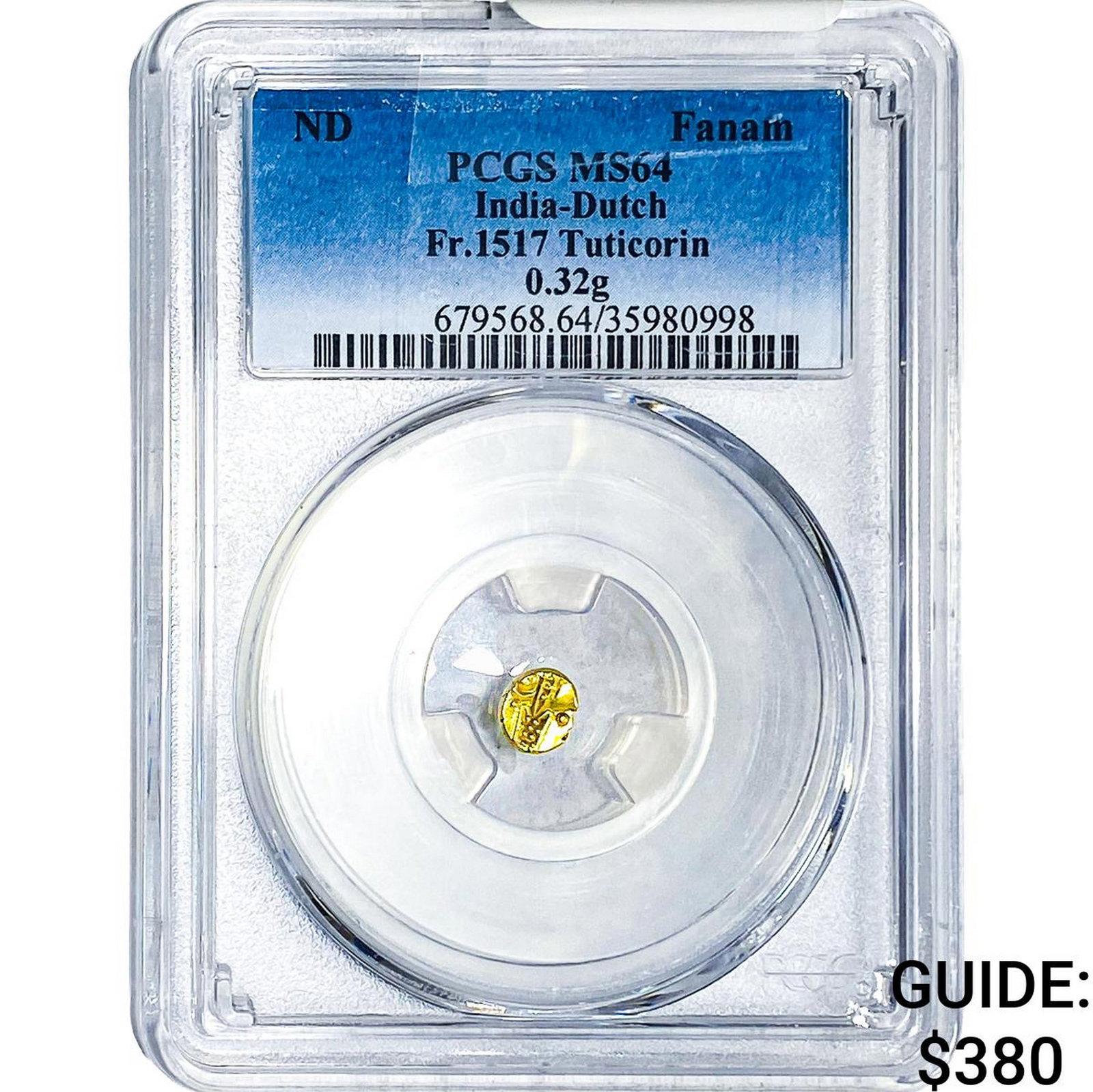 India-Dutch Gold .32g Fanam Fr.1517 Tuticorin PCGS: India-Dutch Gold .32g Fanam Fr.1517 Tuticorin PCGS